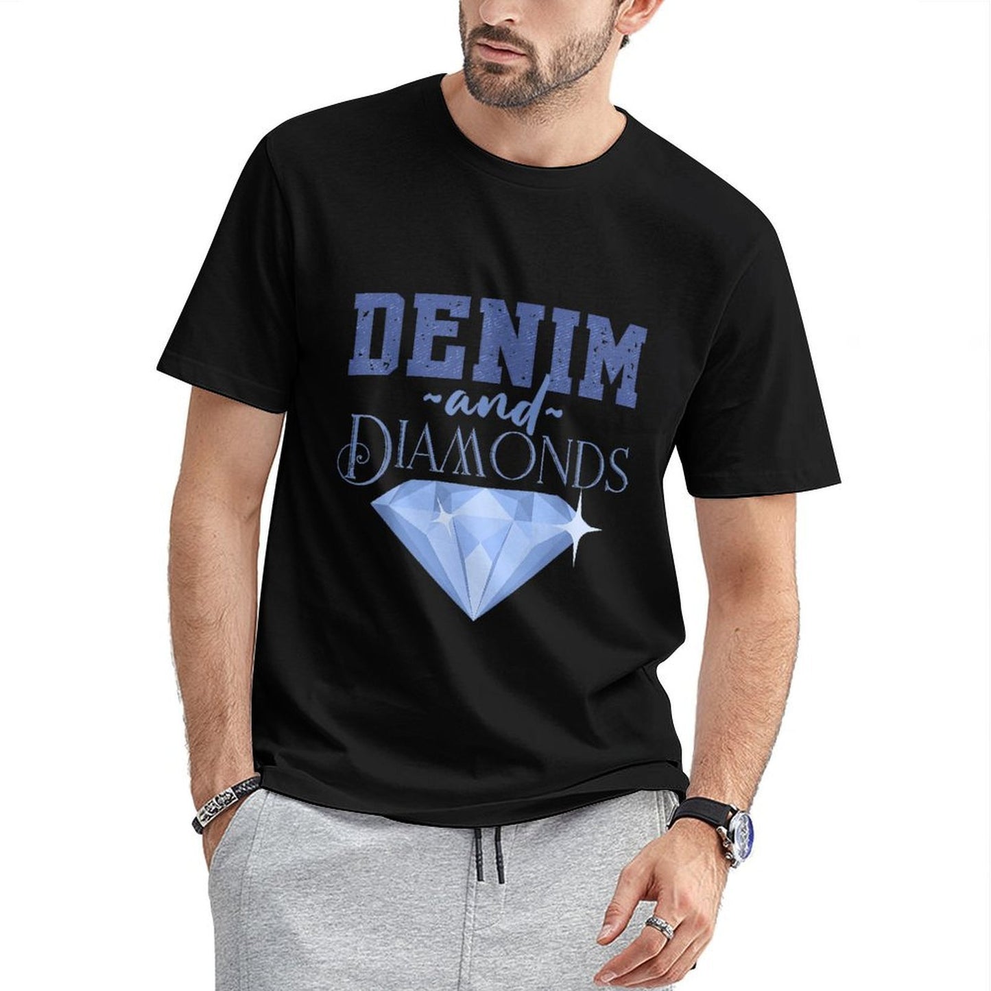 Inkmay Casual Cotton T-shirt Denim And Diamonds Blue Gem Print Unisex T-shirtModern PureStyle T-Shirt