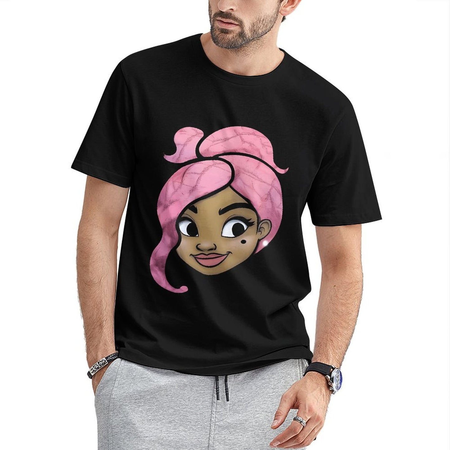Inkmay Casual Cotton T-shirt Pink Hair With Swirls And Highlights Unisex T-shirtDaily ClassicSeries T-Shirt