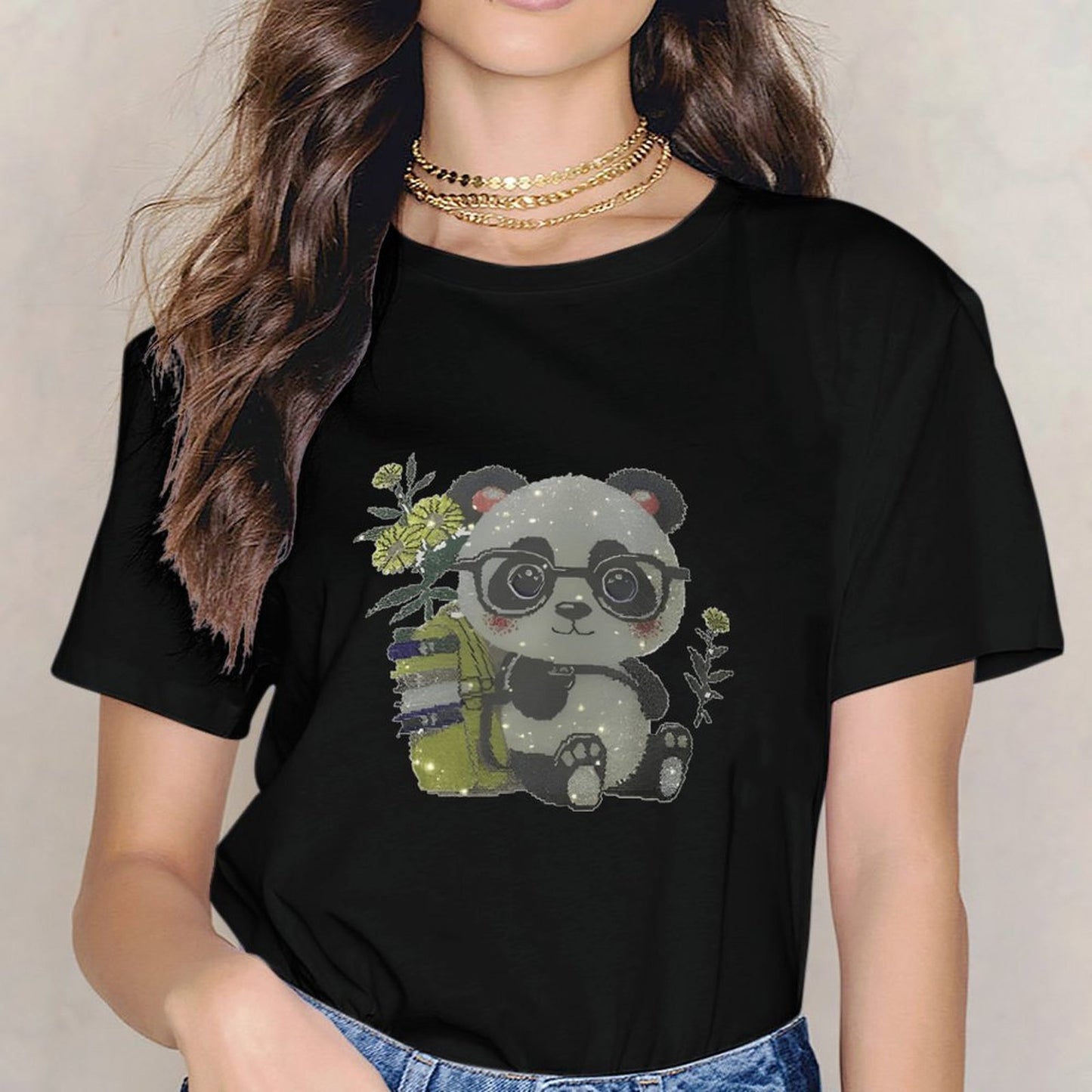 Inkmay Casual Cotton T-shirt Adorable Panda With Glasses And Books Unisex T-shirt