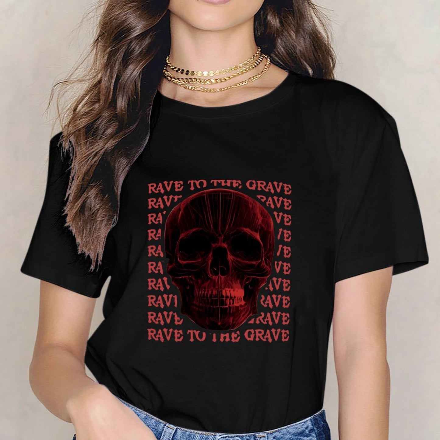 Inkmay Casual Cotton T-shirt Red Skull Pattern Print Art Design Unisex T-shirtSeries ComfortSeries T-Shirt
