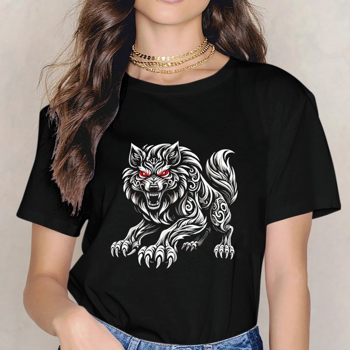 Inkmay Casual Cotton T-shirt Fierce Wolf Tribal Artwork Design Prints Unisex T-shirtNeutral On-Demand T-Shirt