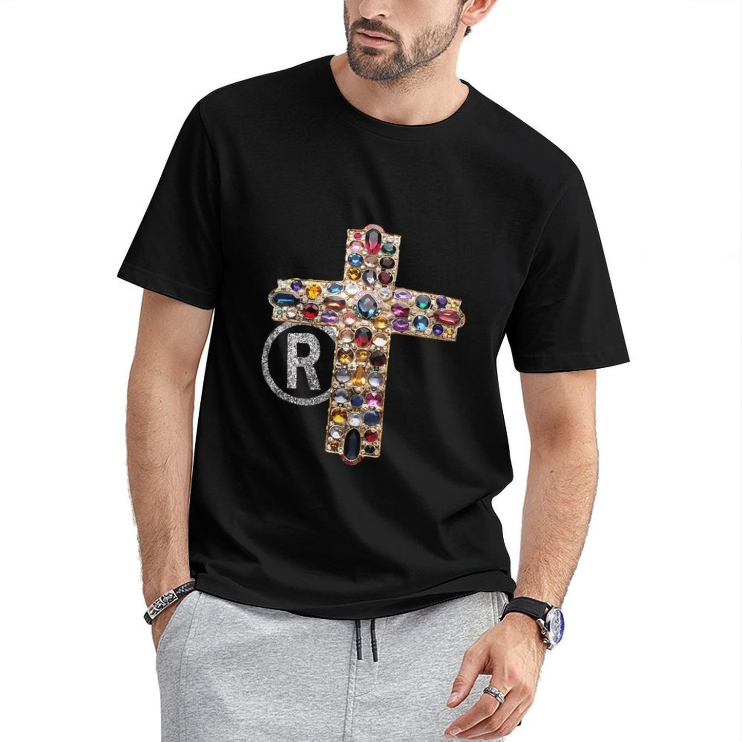 Inkmay Casual Cotton T-shirt Elegant Cross With Gemstones And Rhinestones Unisex T-shirtEco / Sustainable EverydayWear T-Shirt