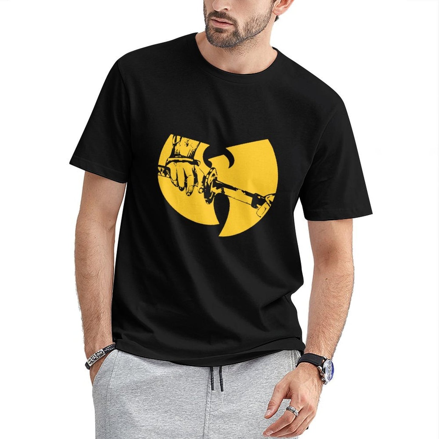 Inkmay Casual Cotton T-shirt Solid Yellow Background With White Lines Unisex T-shirtHeavyweight Heat-Transfer T-Shirt