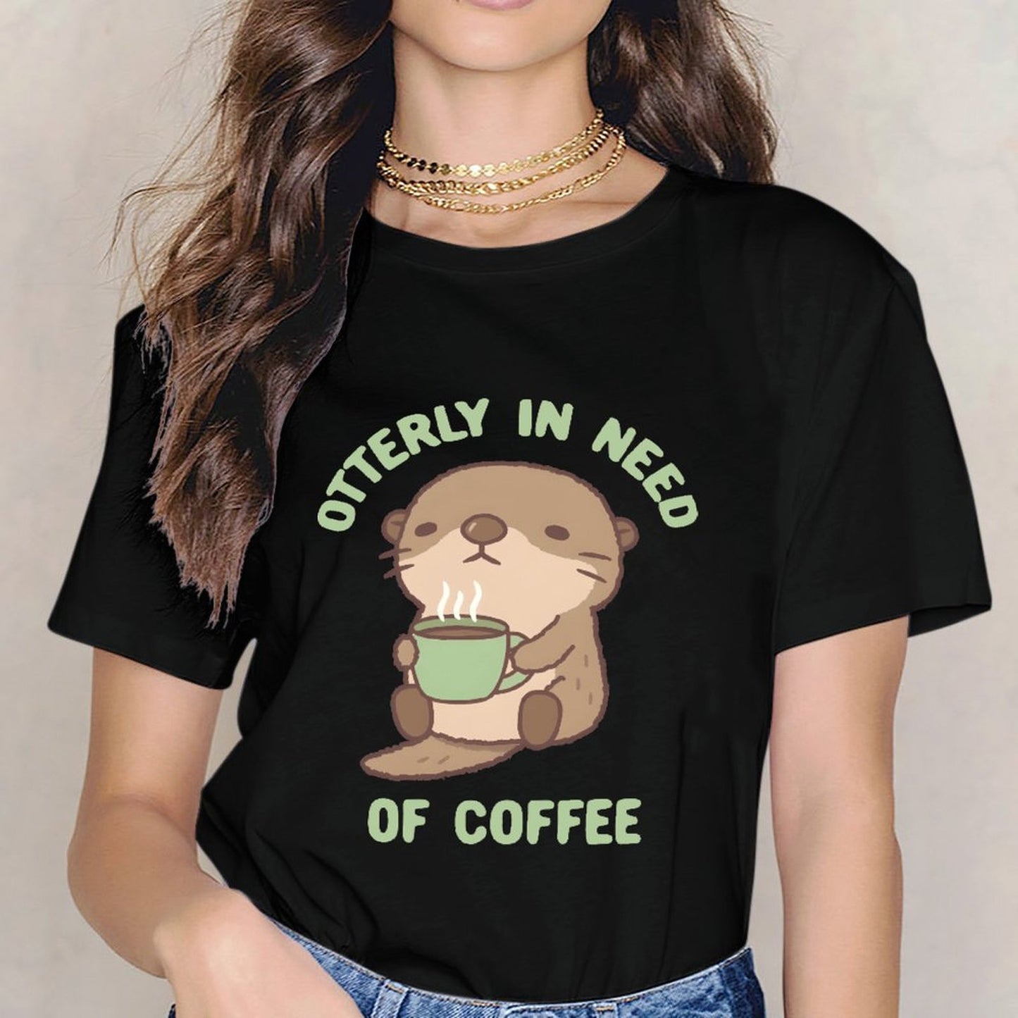 Inkmay Casual Cotton T-shirt Cute Otter Holding Green Coffee Cup Unisex T-shirtMade-to-Order Essential T-Shirt