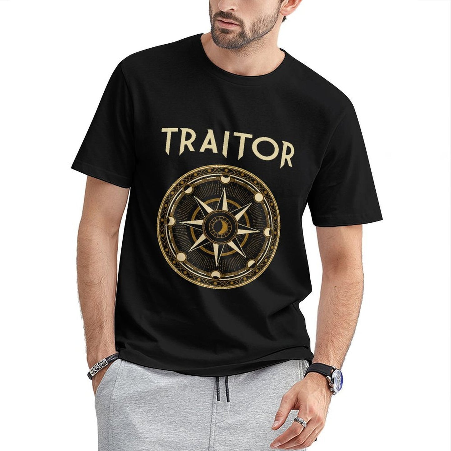 Inkmay Casual Cotton T-shirt Circular Compass Design With Gold Accents Unisex T-shirtLightweight Urban T-Shirt