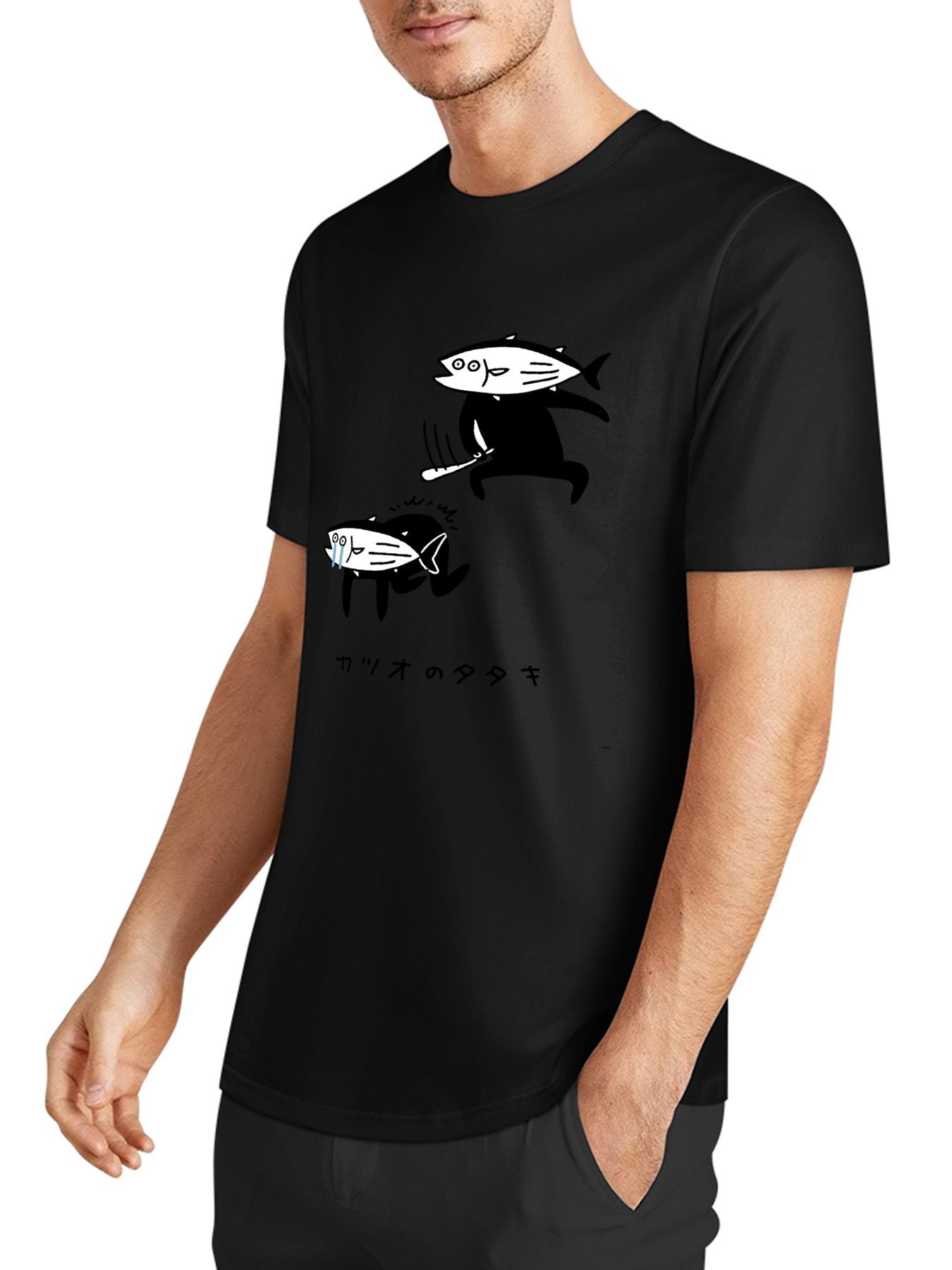 Inkmay Casual Cotton T-shirt Fish Pattern Prints On Black Background Unisex T-shirtTimelessStyle SimpleFit T-Shirt