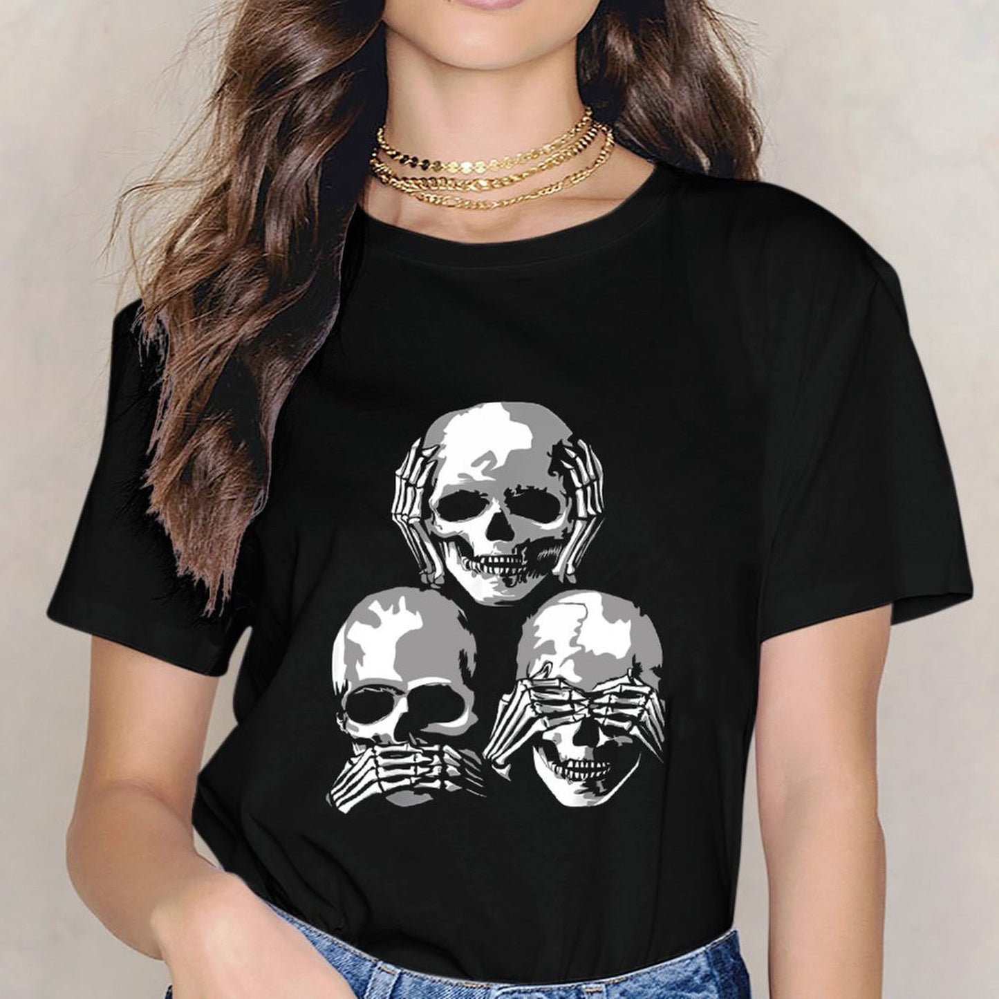 Inkmay Casual Cotton T-shirt Three Skulls Covering Eyes Mouth Unisex T-shirtClassic Outdoor T-Shirt