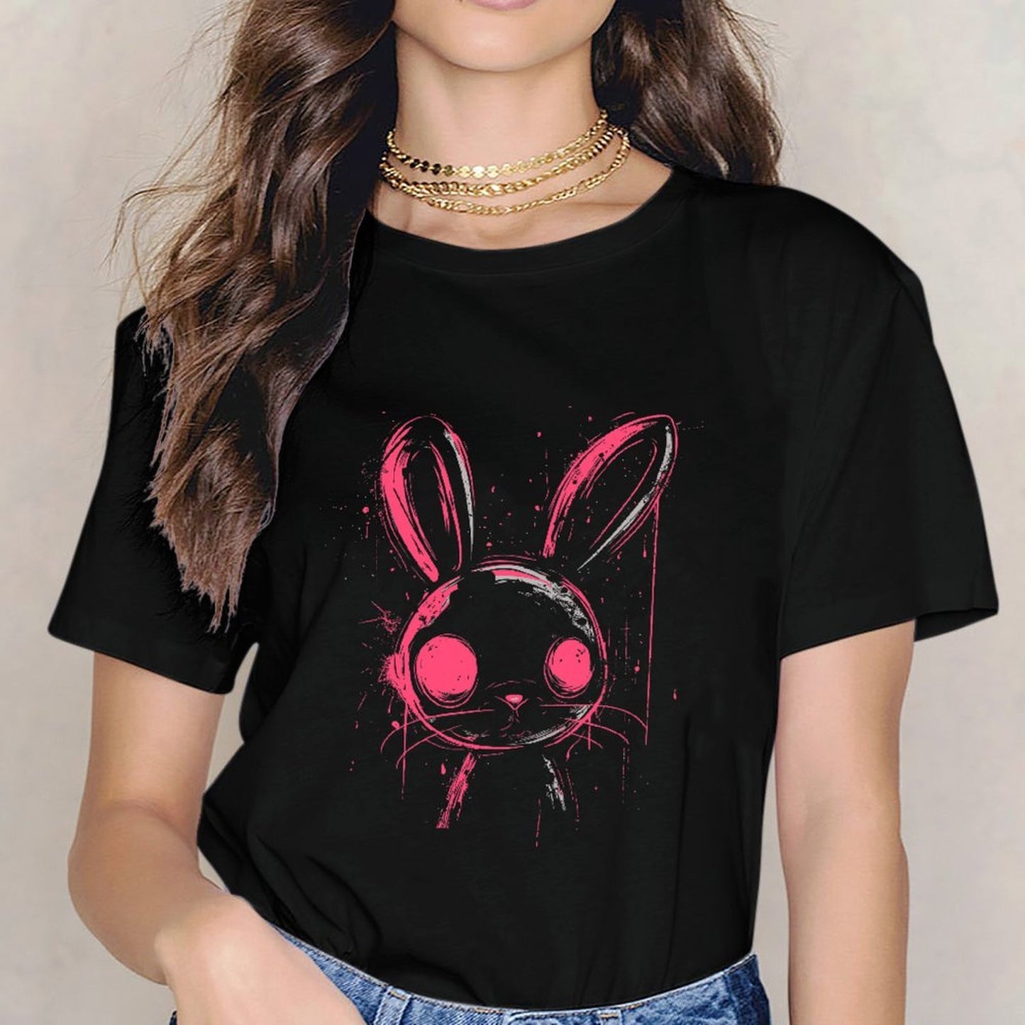 Inkmay Casual Cotton T-shirt Stylish Pink Rabbit Face Art Print Unisex T-shirtSlim Fit Premium Finish T-Shirt