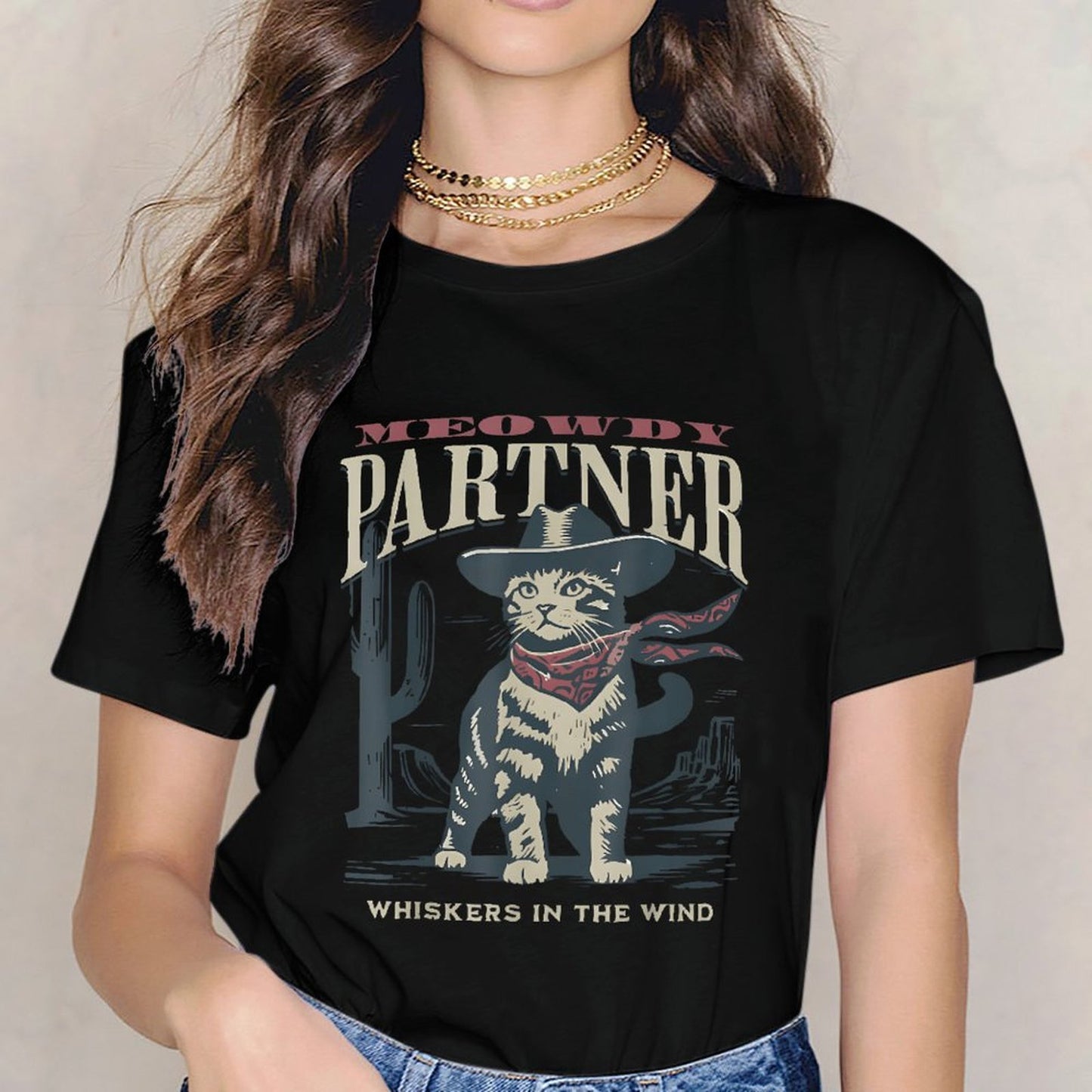 Inkmay Casual Cotton T-shirt Cat Wearing Cowboy Hat And Bandana Unisex T-shirtActive TimelessComfort T-Shirt