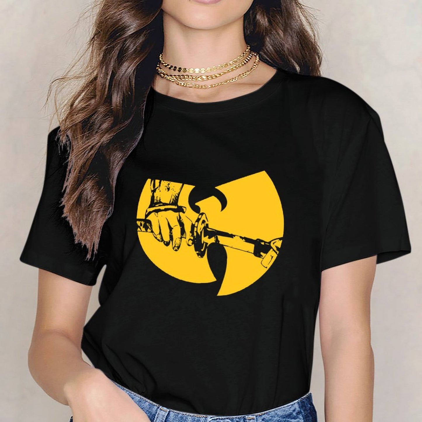 Inkmay Casual Cotton T-shirt Solid Yellow Background With White Lines Unisex T-shirtHeavyweight Heat-Transfer T-Shirt