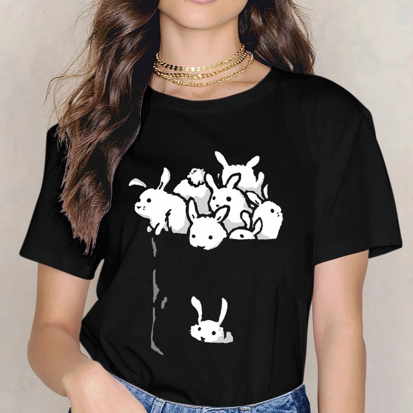 Inkmay Casual Cotton T-shirt Bunny Pattern Print On White Background Unisex T-shirtEco-Conscious ActiveLine T-Shirt