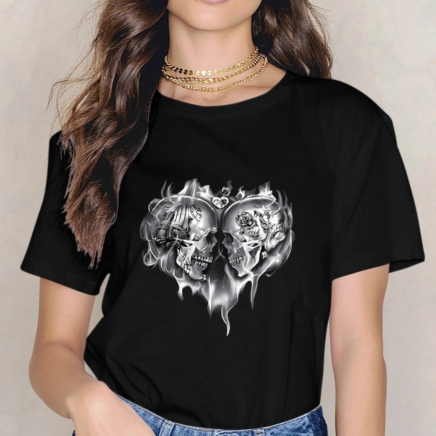 Inkmay Casual Cotton T-shirt Skull Flames Heart Design Art Print Unisex T-shirtSignature Weekend T-Shirt