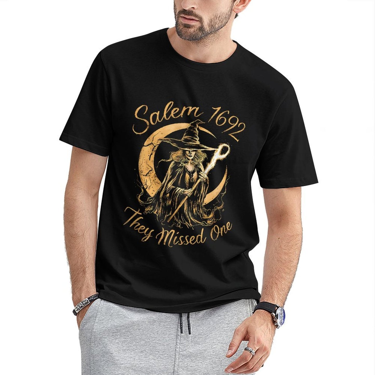 Inkmay Casual Cotton T-shirt Witch Holding Staff Against Crescent Moon Unisex T-shirtEasy-Care Recycled T-Shirt