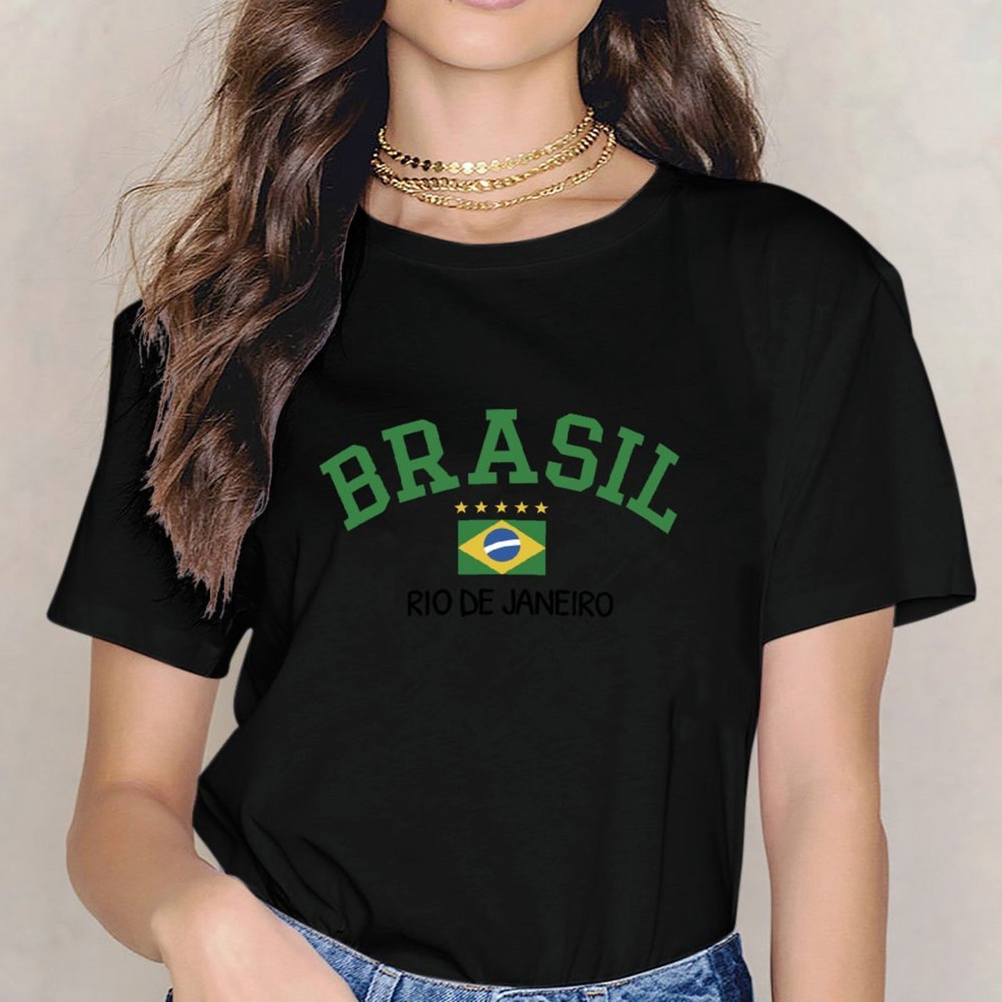 Inkmay Casual Cotton T-shirt Brazilian Flag On Green Background Shirt Unisex T-shirtRegularFit Series T-Shirt