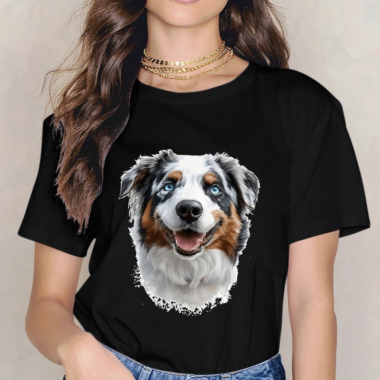 Inkmay Casual Cotton T-shirt Colorful Dog Portrait With Blue Eyes Unisex T-shirtClassic Fit 100% Cotton T-Shirt