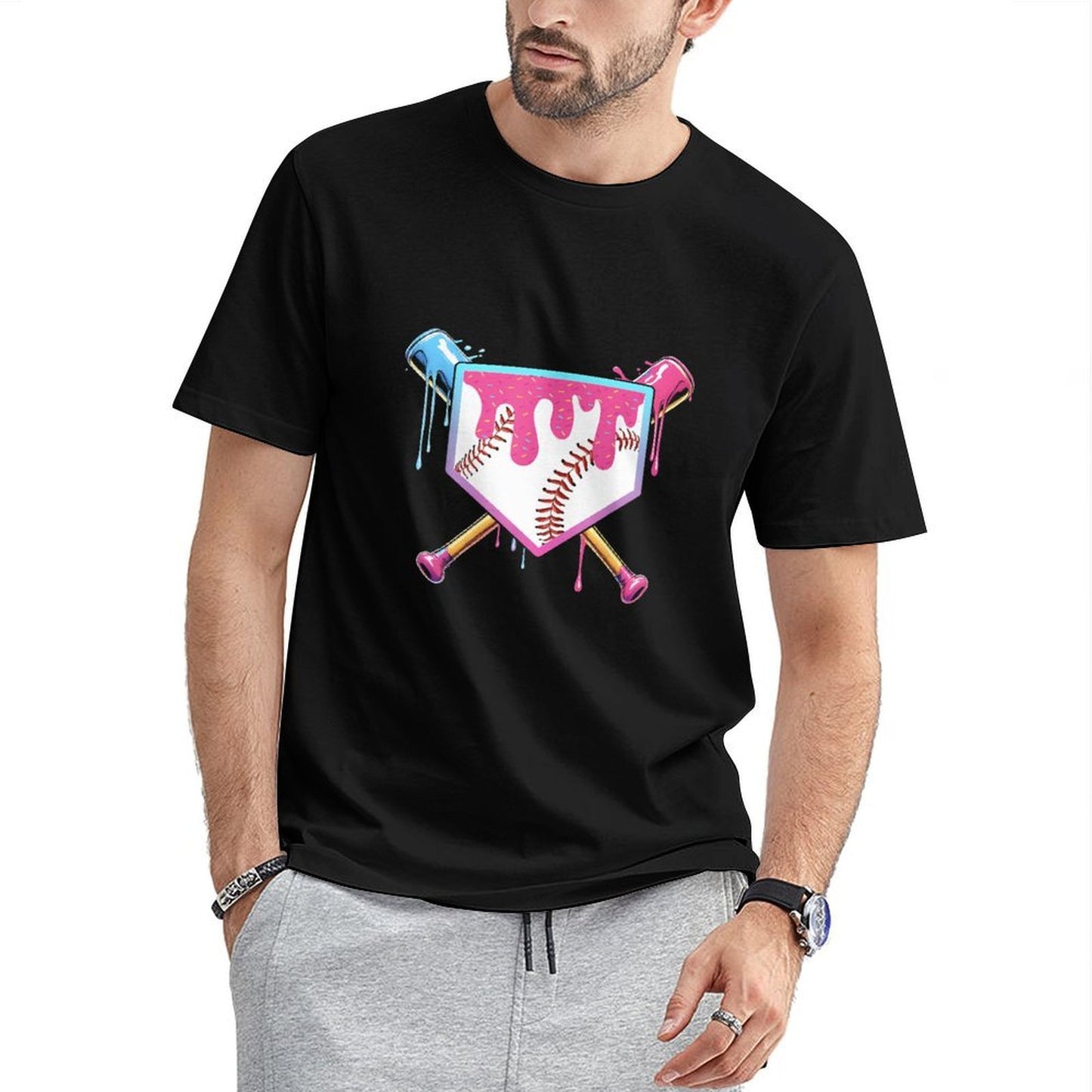 Inkmay Casual Cotton T-shirt Baseball Design With Colorful Paint Drips Unisex T-shirtSeries Printing T-Shirt