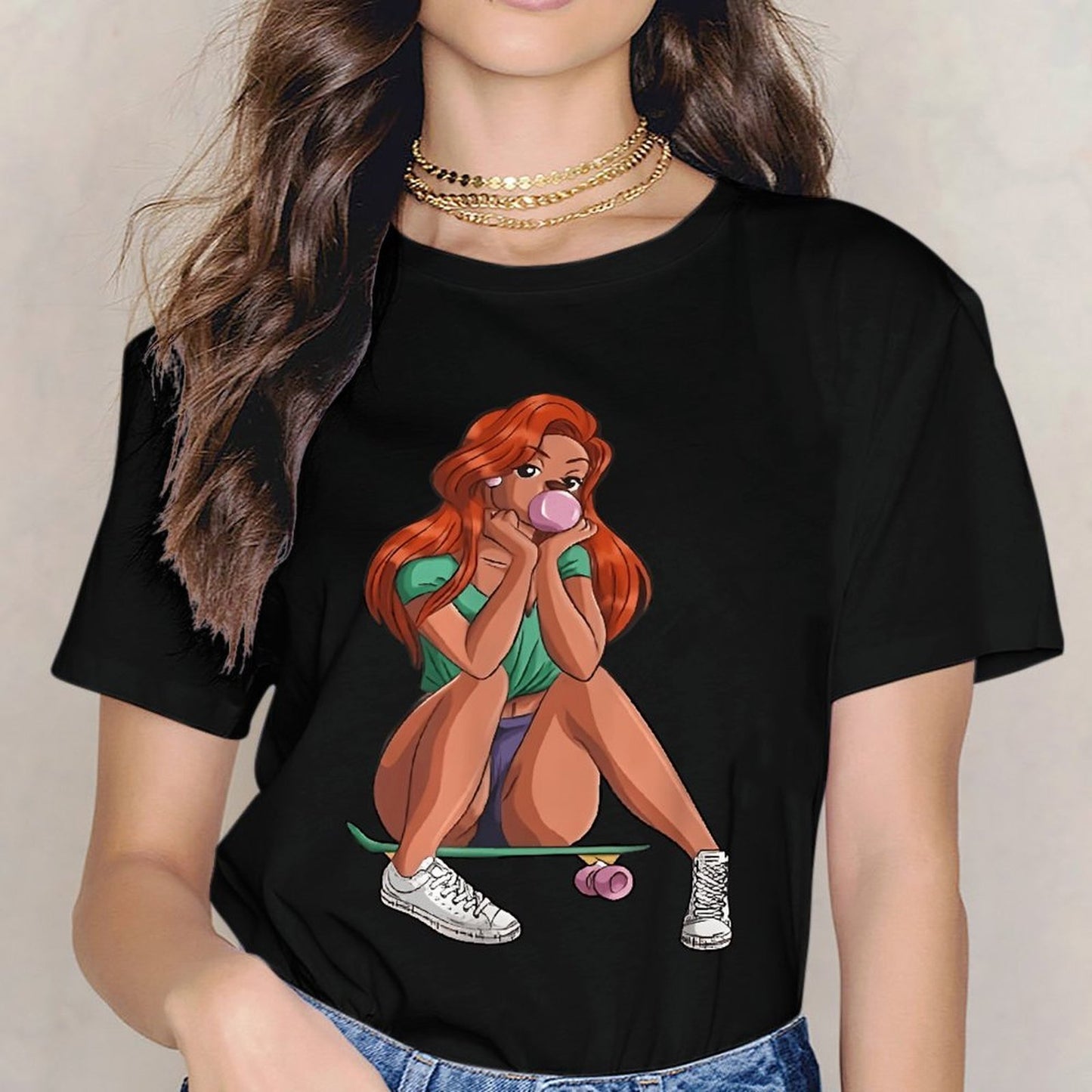 Inkmay Casual Cotton T-shirt Girl Sitting On Skateboard Blowing Bubble Unisex T-shirtSmooth Feel Modern T-Shirt