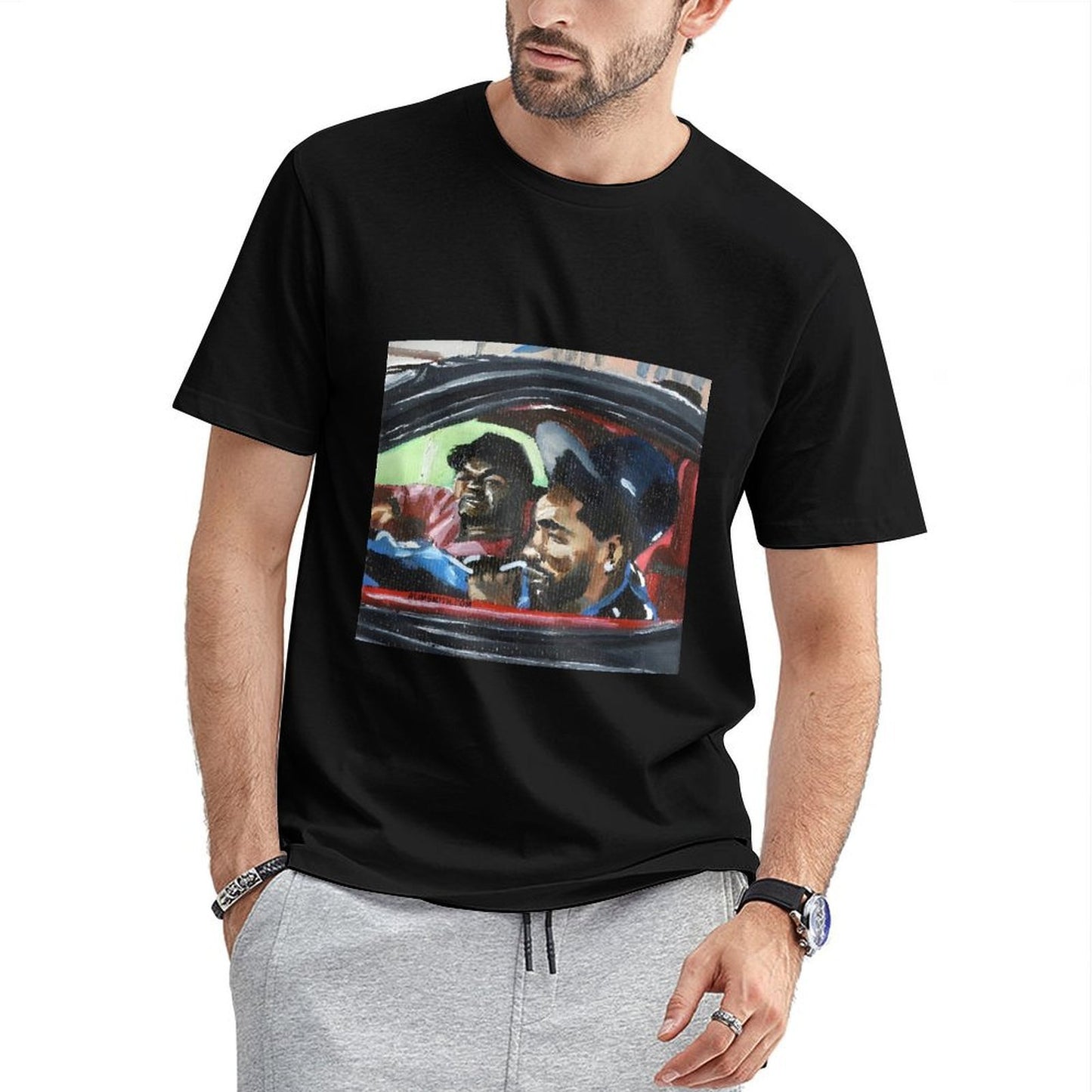 Inkmay Casual Cotton T-shirt Cartoon Puppet Holding Gun And Star Unisex T-shirt