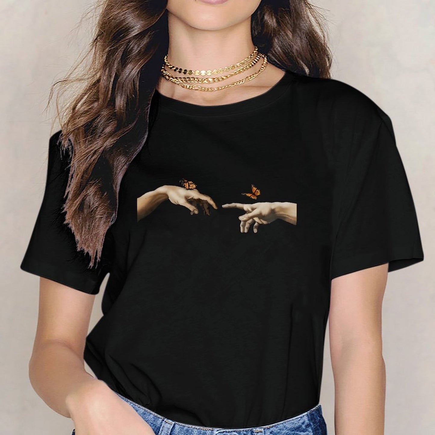 Inkmay Casual Cotton T-shirt Butterfly On Fingers Artistic Design Prints Unisex T-shirtSoftFeel Indoor T-Shirt