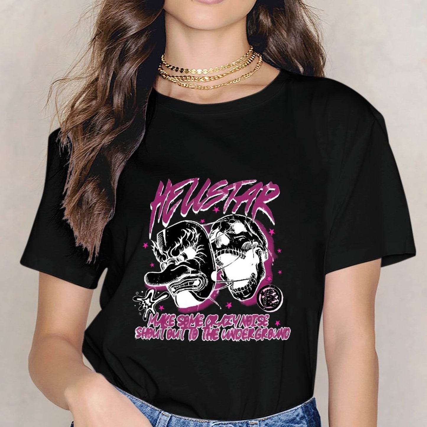 Inkmay Casual Cotton T-shirt Heustar Mask Art With Pink Stars Unisex T-shirtFade-Resistant Sharp T-Shirt
