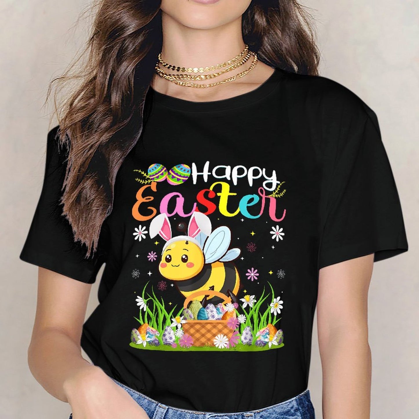 Inkmay Casual Cotton T-shirt Happy Easter Bee With Eggs Unisex T-shirtPure Classic Fit T-Shirt
