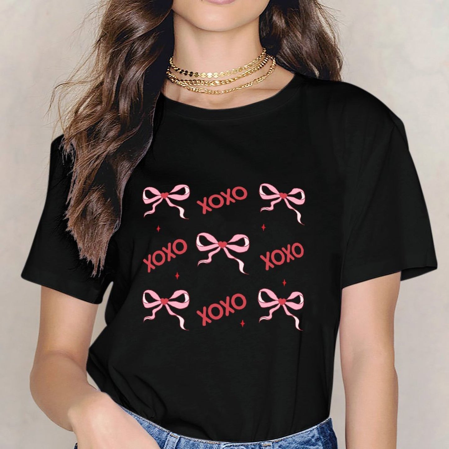 Inkmay Casual Cotton T-shirt Red Background With Pink Bows Hearts Unisex T-shirtMen¡¯s / Women¡¯s / Youth EverydayComfort T-Shirt