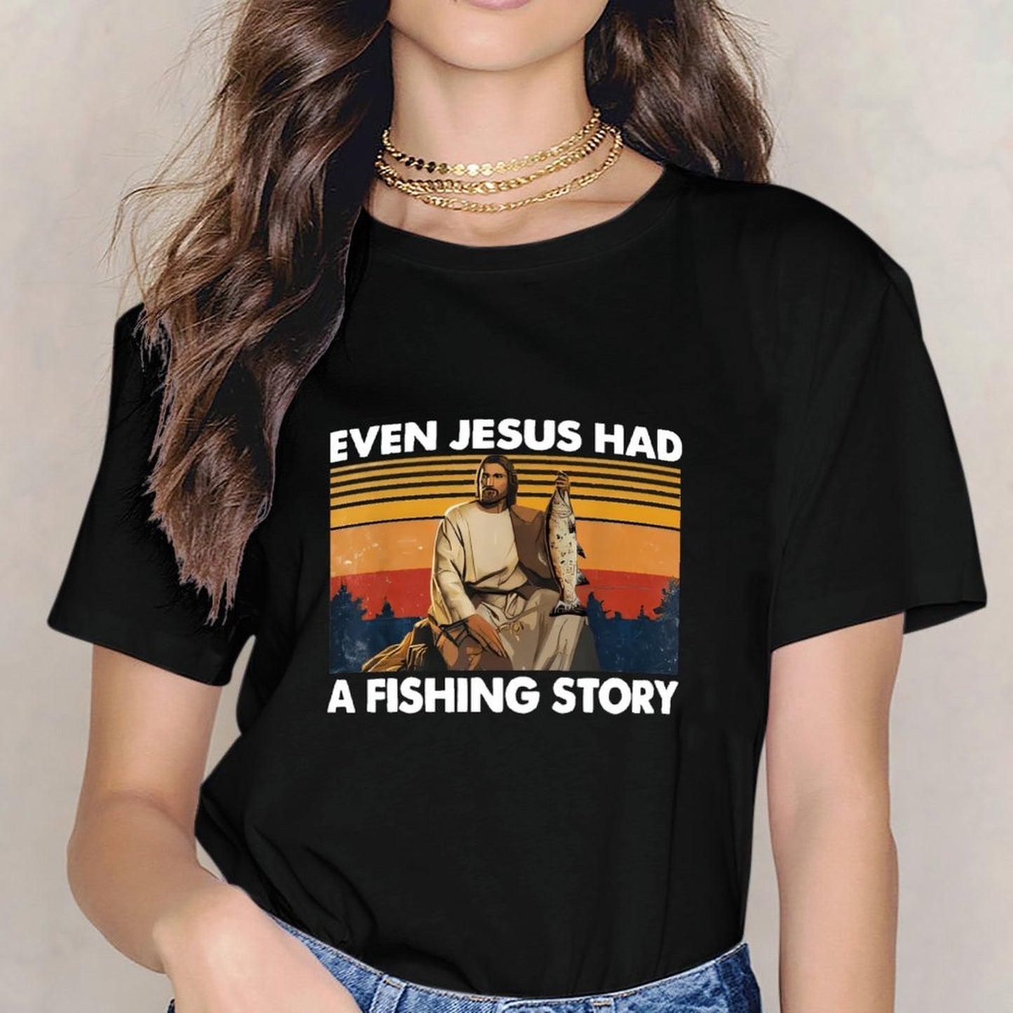 Inkmay Casual Cotton T-shirt Jesus Holding Fish Over Sunset Background Unisex T-shirtSoft-Touch Simple T-Shirt