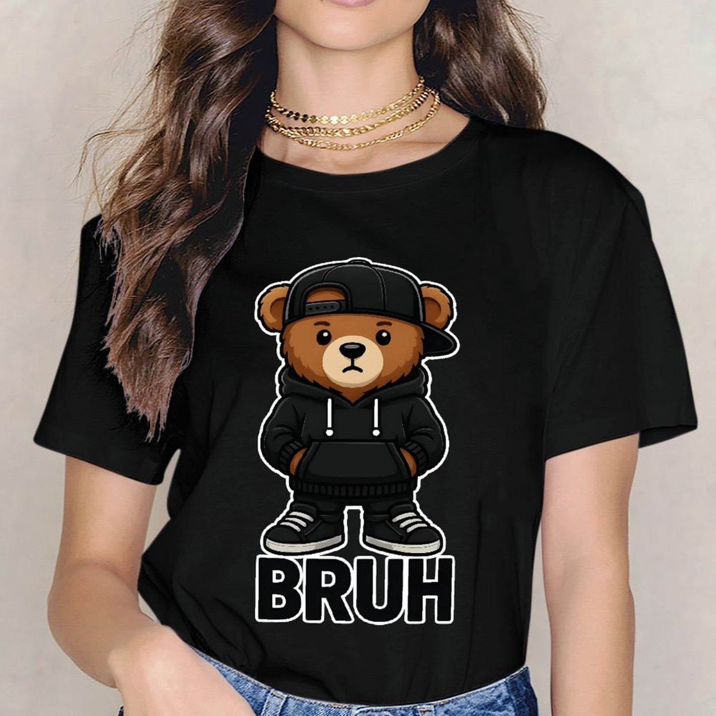 Inkmay Casual Cotton T-shirt Bruh Bear Wearing Black Streetwear Unisex T-shirtBatch-Printed ClassicLine T-Shirt