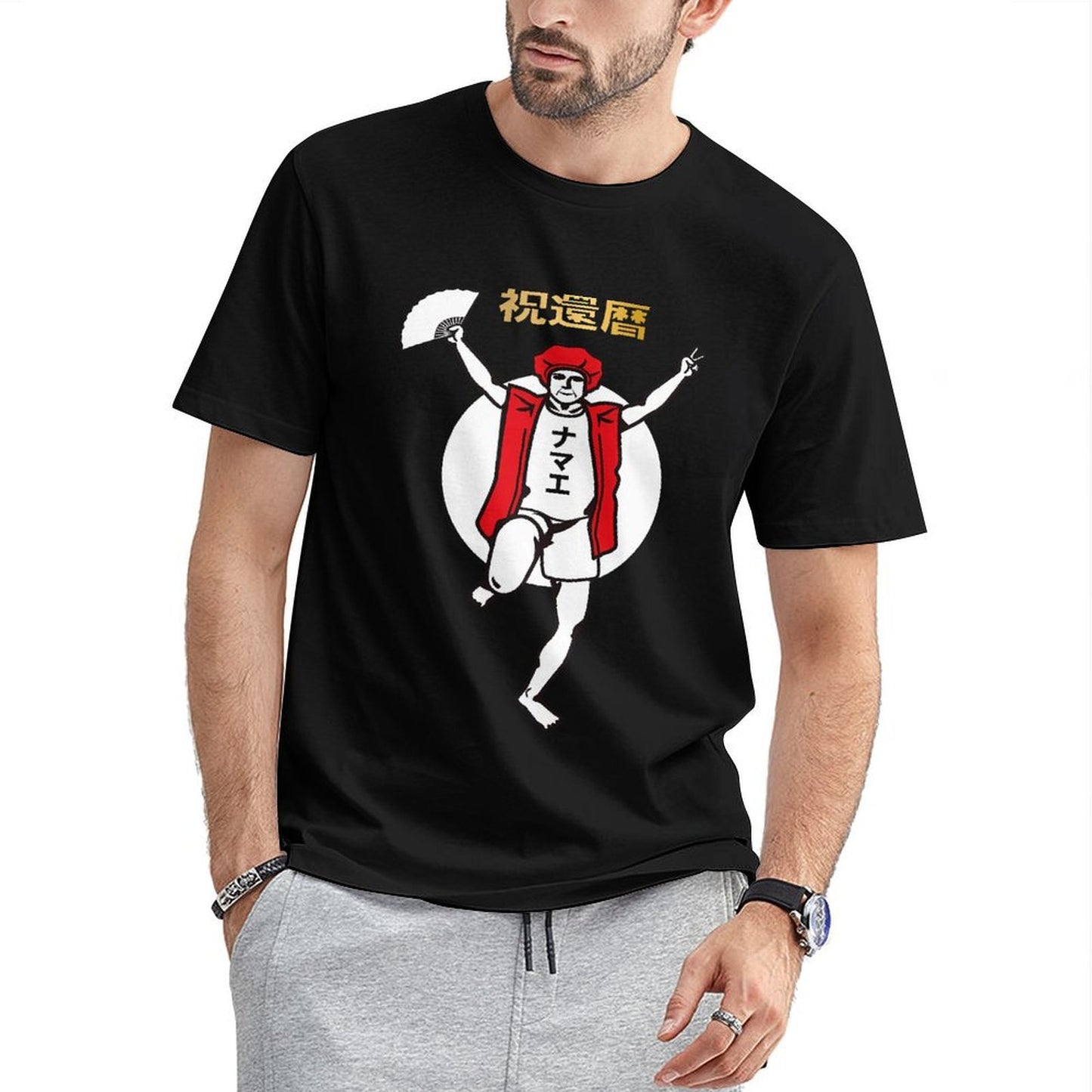 Inkmay Casual Cotton T-shirt Man In Red Jacket Dancing Joyfully Unisex T-shirtClassicSeries CoreLine T-Shirt