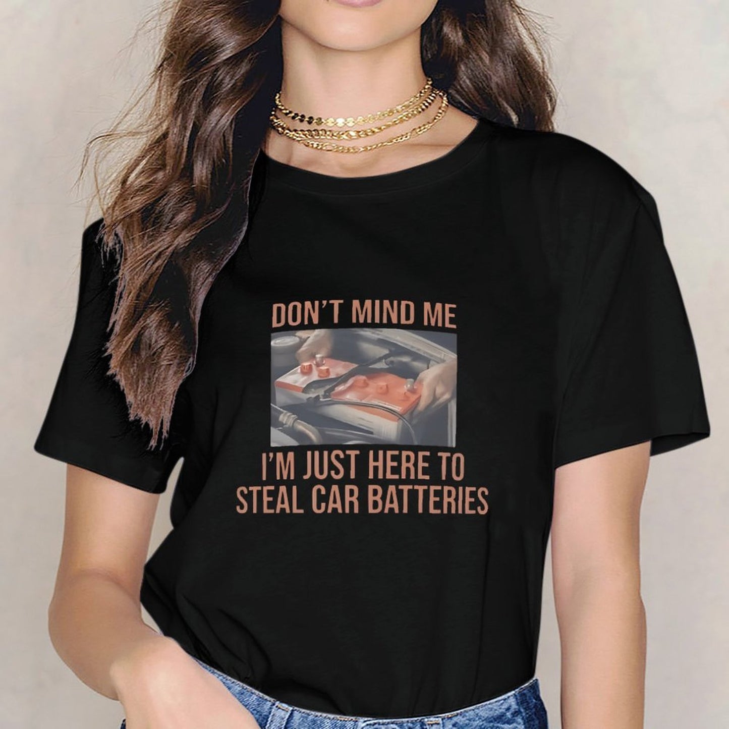 Inkmay Casual Cotton T-shirt Car Battery Theft Warning Sign Poster Unisex T-shirtEco-Conscious Lifestyle T-Shirt