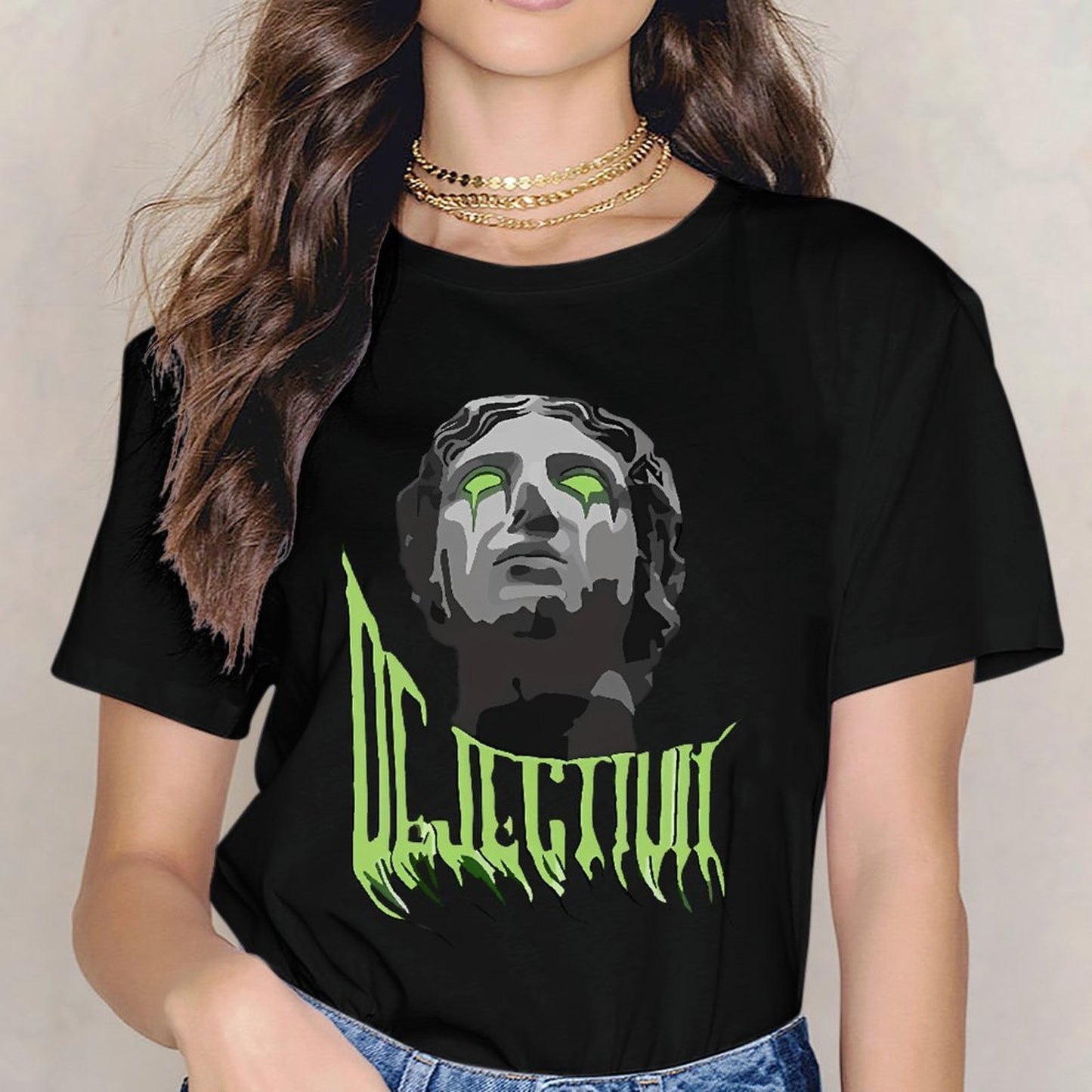Inkmay Casual Cotton T-shirt Dark Art Statue With Green Eyes Unisex T-shirtPure SoftTouch T-Shirt
