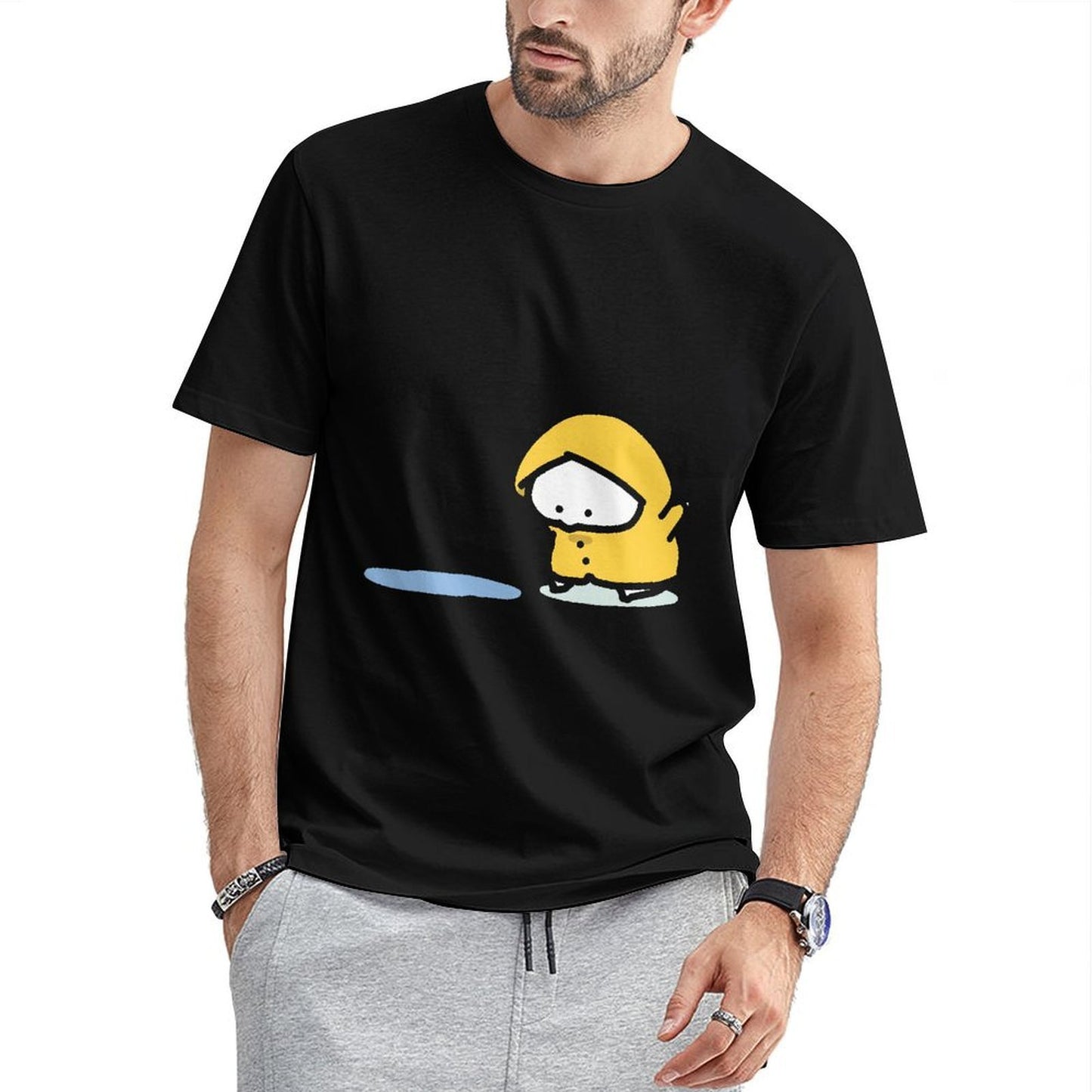 Inkmay Casual Cotton T-shirt Yellow Duck Wearing Raincoat On Black Unisex T-shirtRegular Pure T-Shirt