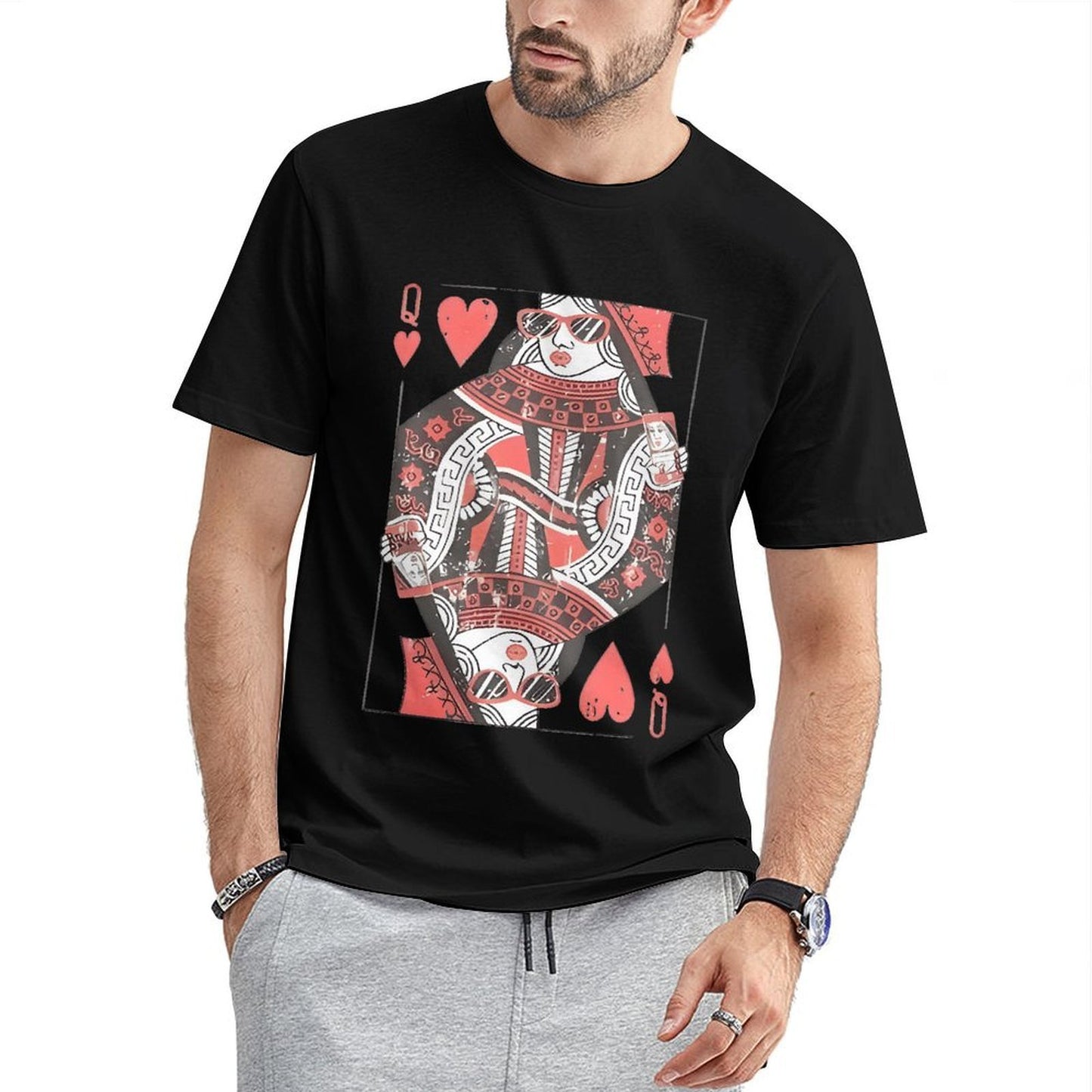 Inkmay Casual Cotton T-shirt Queen Of Hearts Playing Card Design Unisex T-shirtTear-Resistant EasyWear T-Shirt