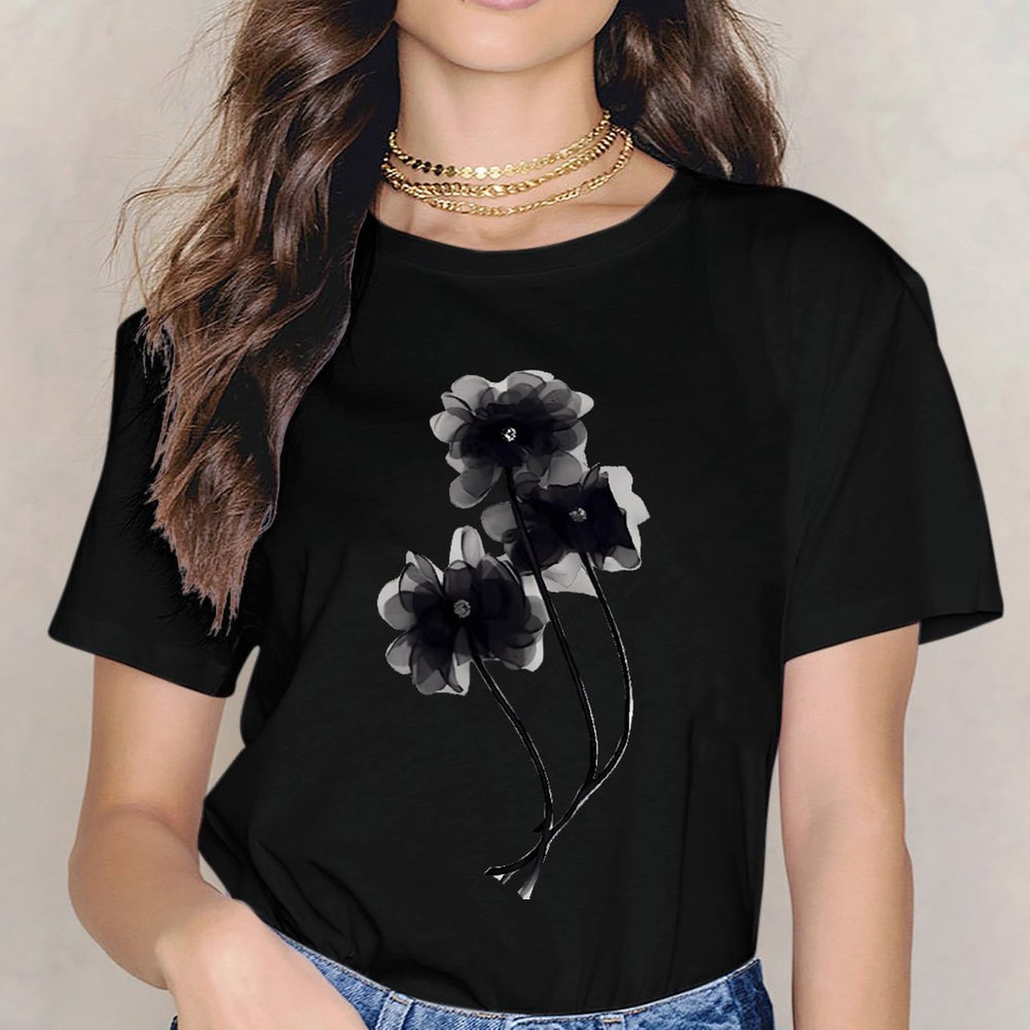 Inkmay Casual Cotton T-shirt Elegant Black And White Floral Design Unisex T-shirtRecycled Urban T-Shirt