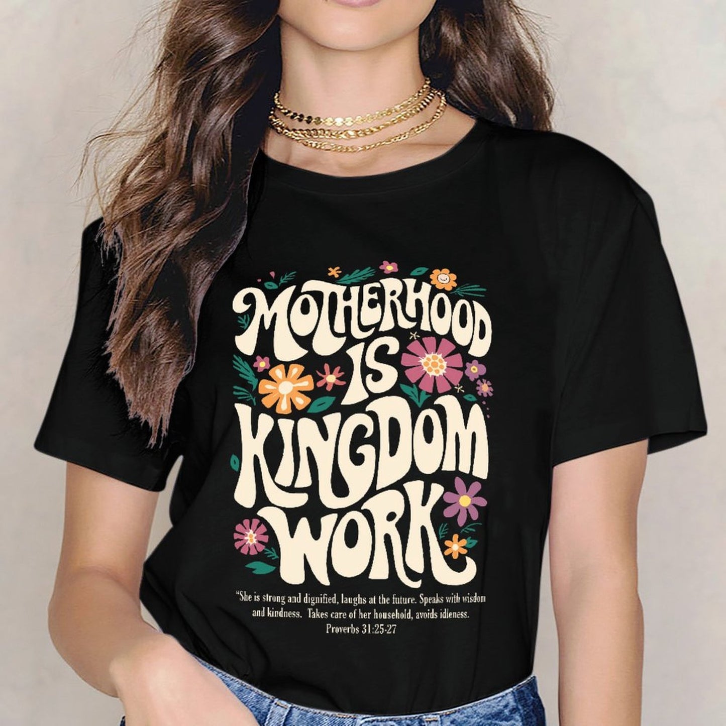 Inkmay Casual Cotton T-shirt Motherhood Is Kingdom Work Floral Design Unisex T-shirtPure Made-to-Order T-Shirt