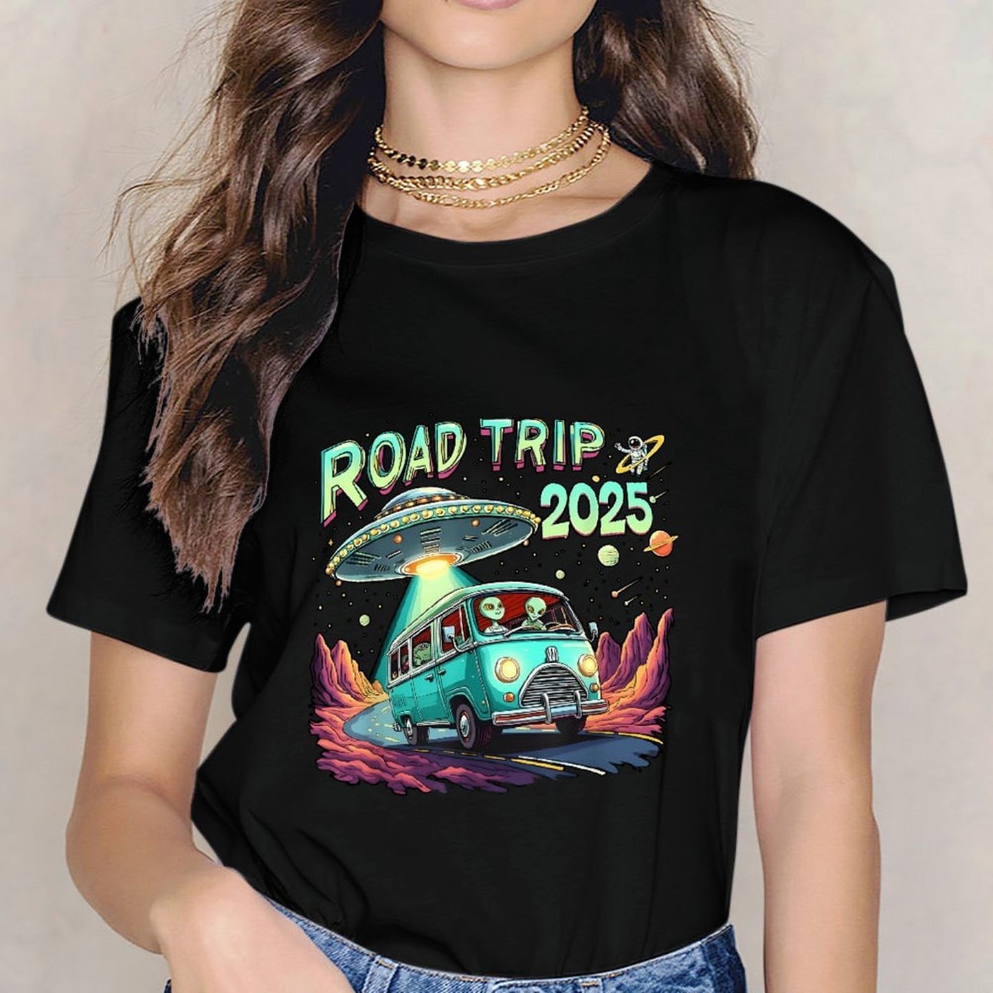 Inkmay Casual Cotton T-shirt Road Trip 2025 Alien Adventure Design Unisex T-shirtEco / Sustainable Recycled T-Shirt