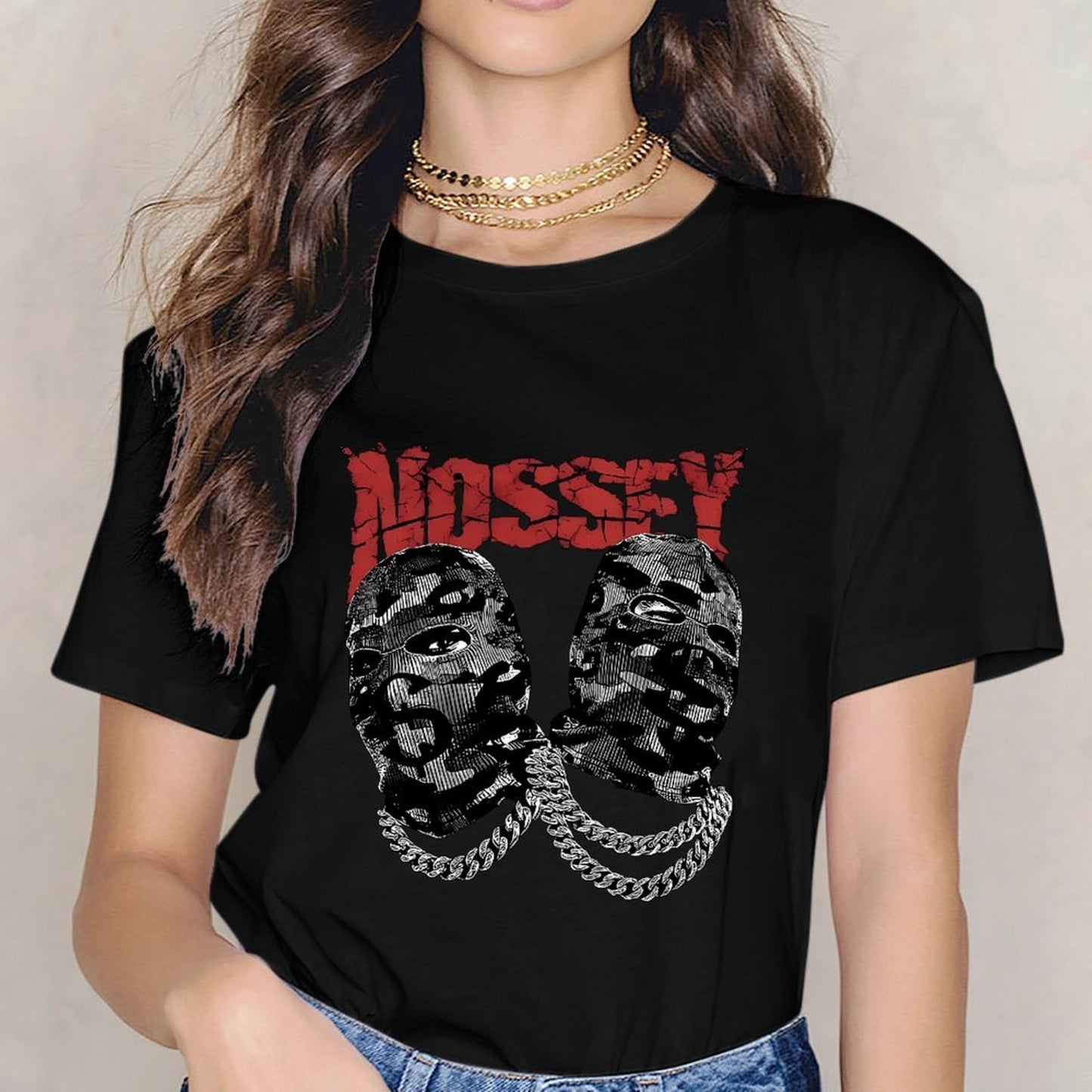 Inkmay Casual Cotton T-shirt Camouflage Faces With Bold Chains Unisex T-shirtFitted Bold T-Shirt