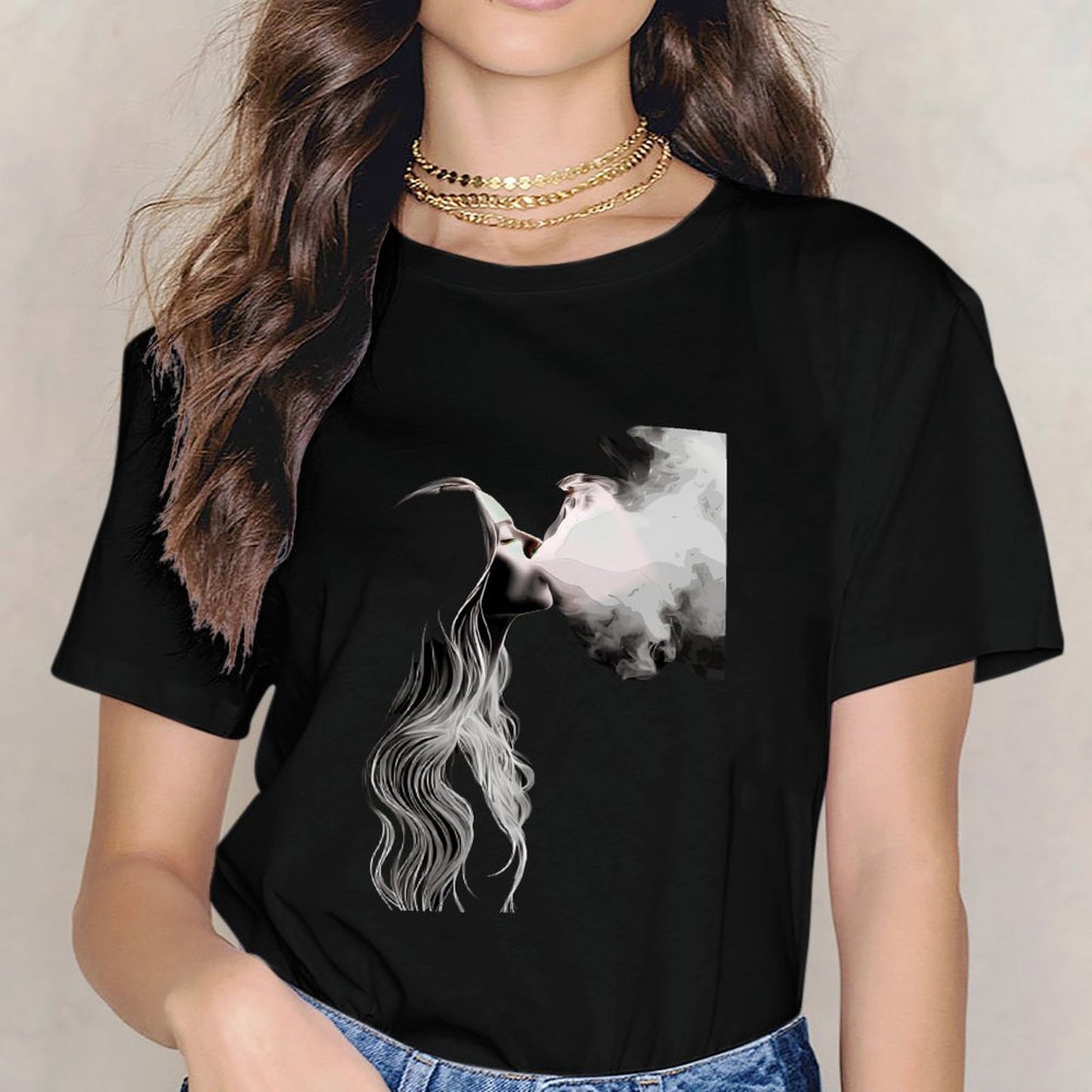 Inkmay Casual Cotton T-shirt Abstract Woman With Smoke Surrounding Her Unisex T-shirtShrink-Resistant Edition T-Shirt