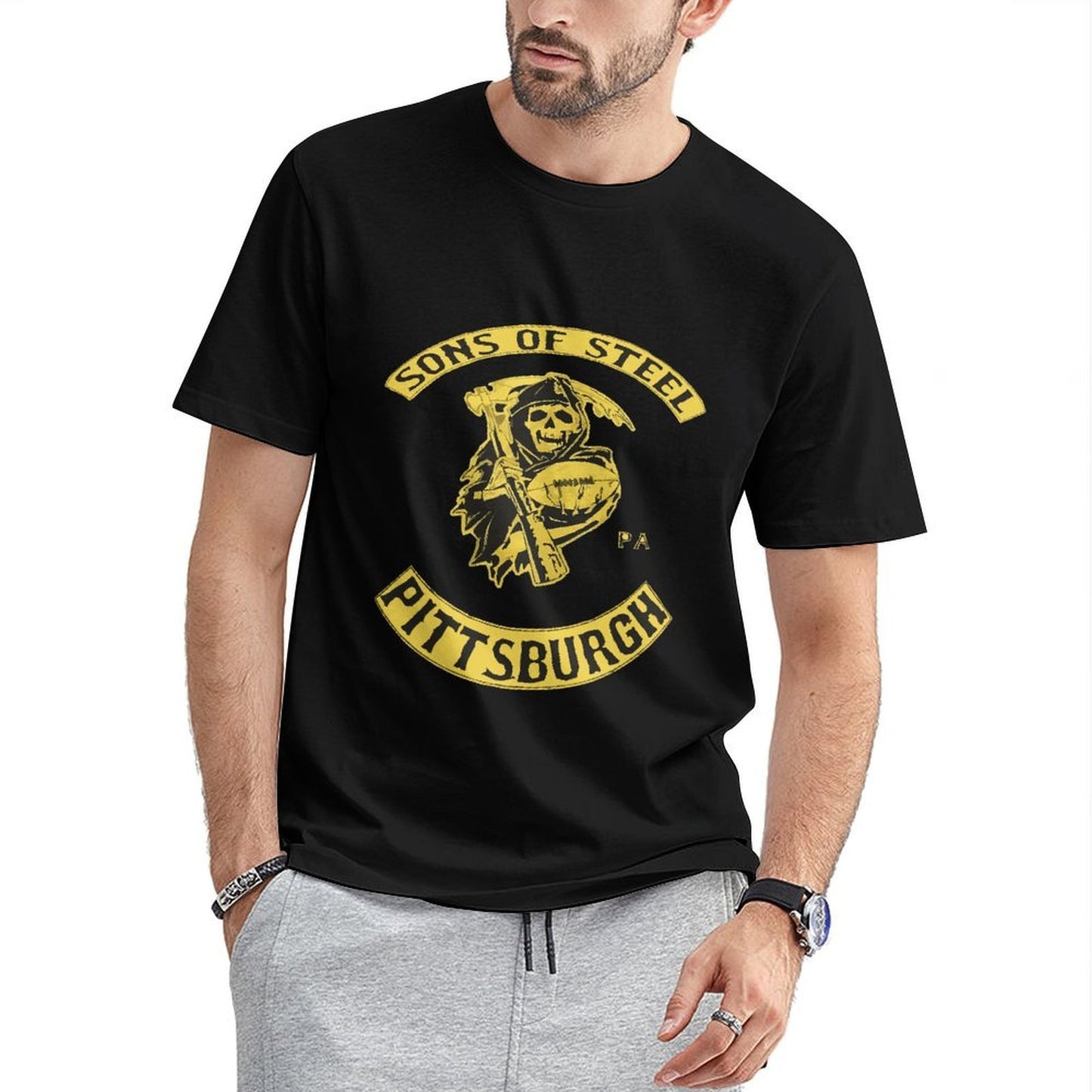 Inkmay Casual Cotton T-shirt Pittsburgh Sons Of Steel Football Design Unisex T-shirtClean Edges SoftFeel T-Shirt