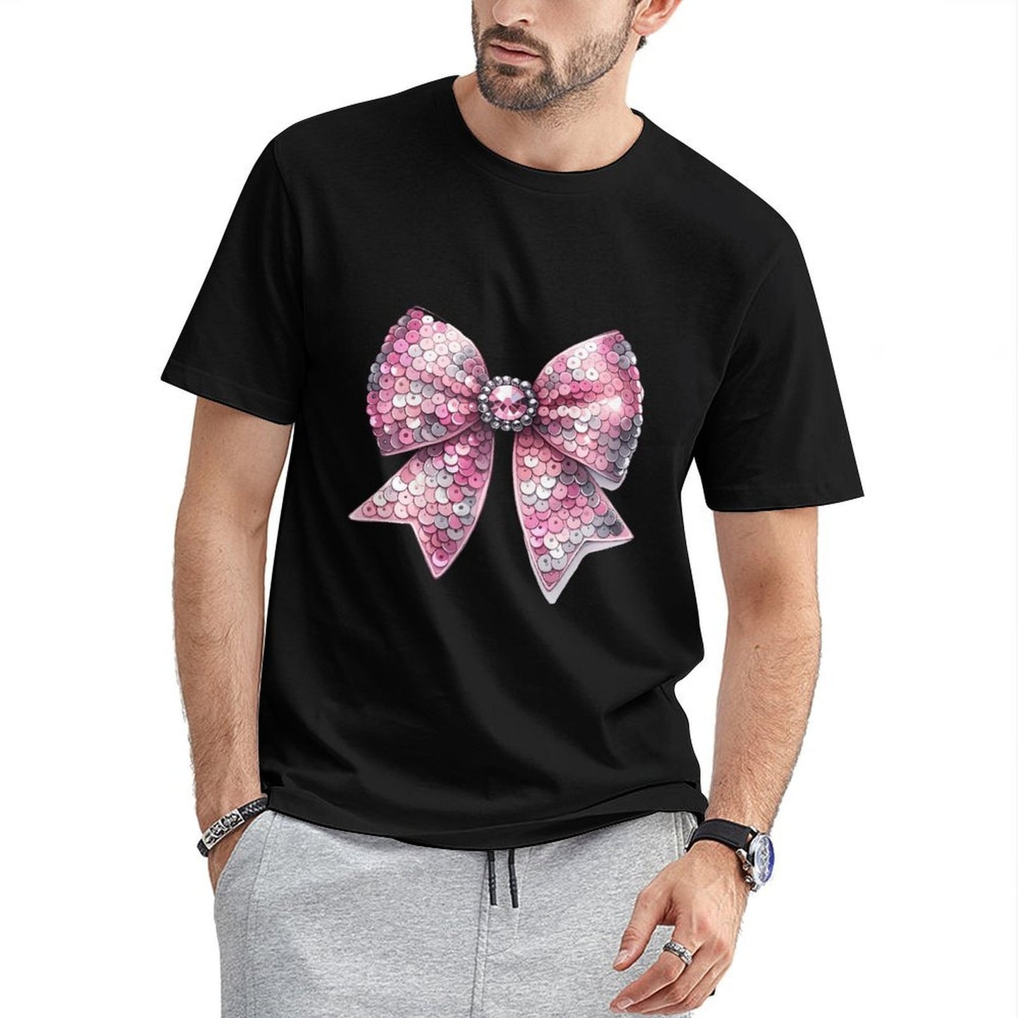 Inkmay Casual Cotton T-shirt Shiny Pink Sequin Bow Design Unisex T-shirtLogo-Ready LooseFit T-Shirt
