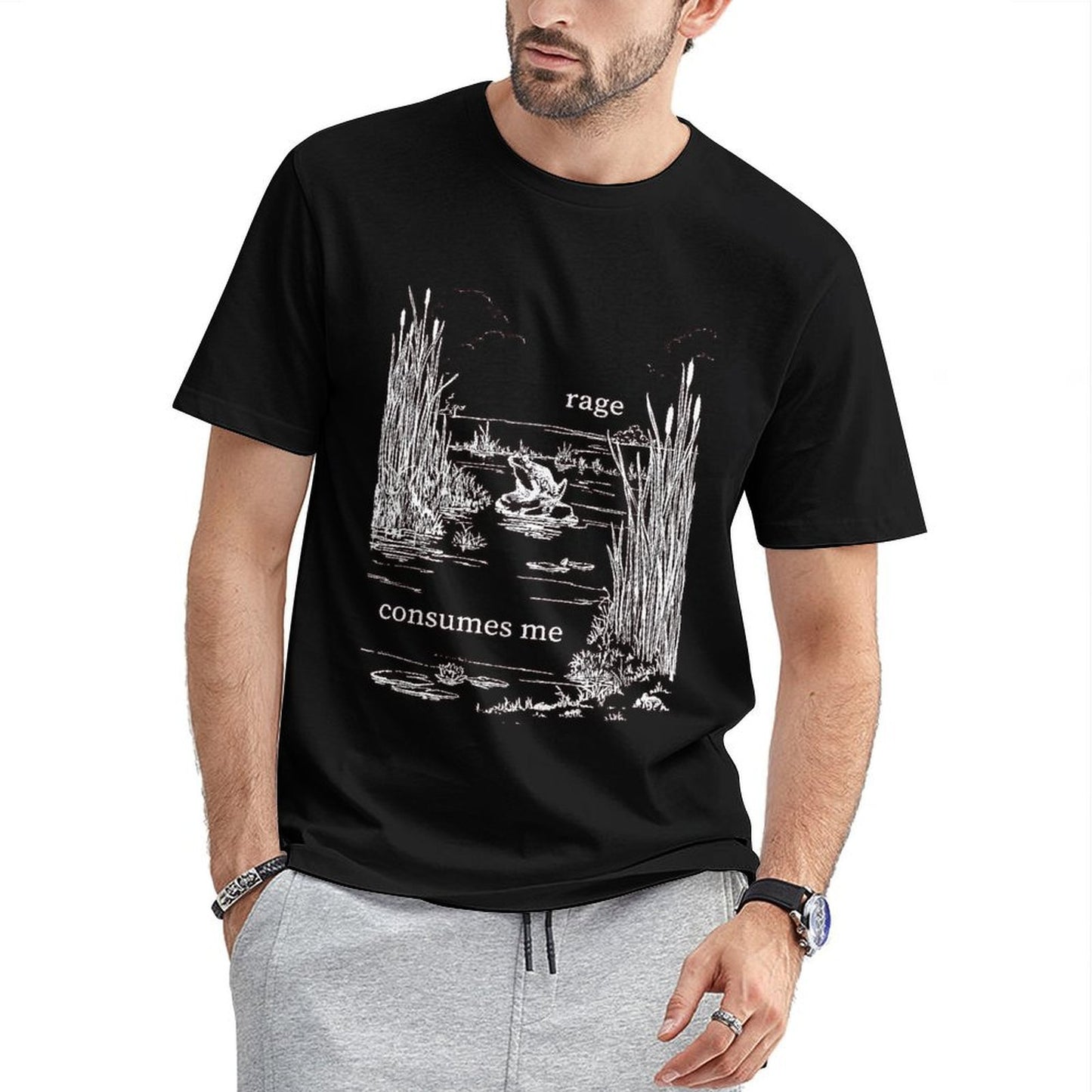 Inkmay Casual Cotton T-shirt Angry Frog Amidst Reeds And Water Unisex T-shirtClassicLine Crew Neck T-Shirt