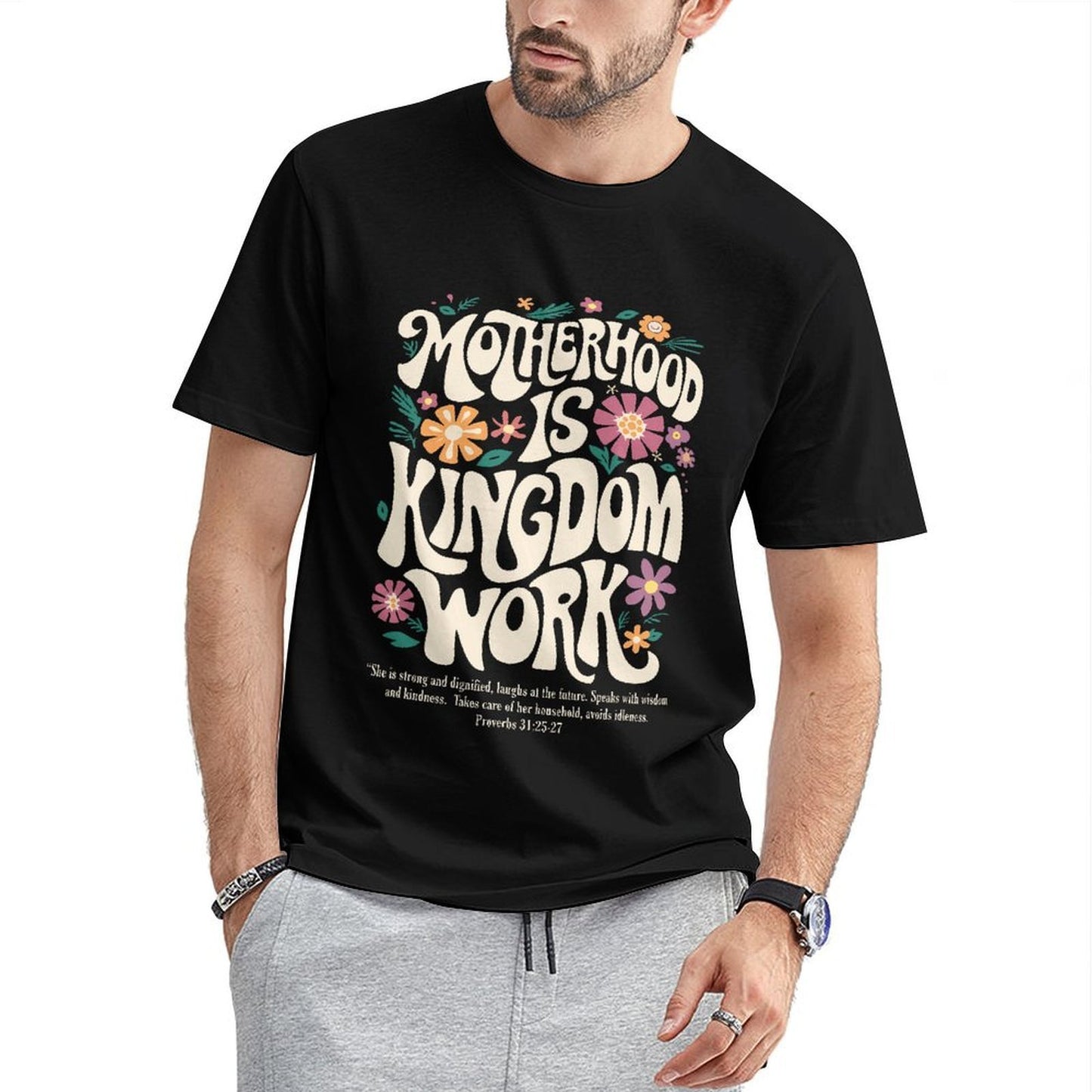 Inkmay Casual Cotton T-shirt Motherhood Is Kingdom Work Floral Design Unisex T-shirtPure Made-to-Order T-Shirt