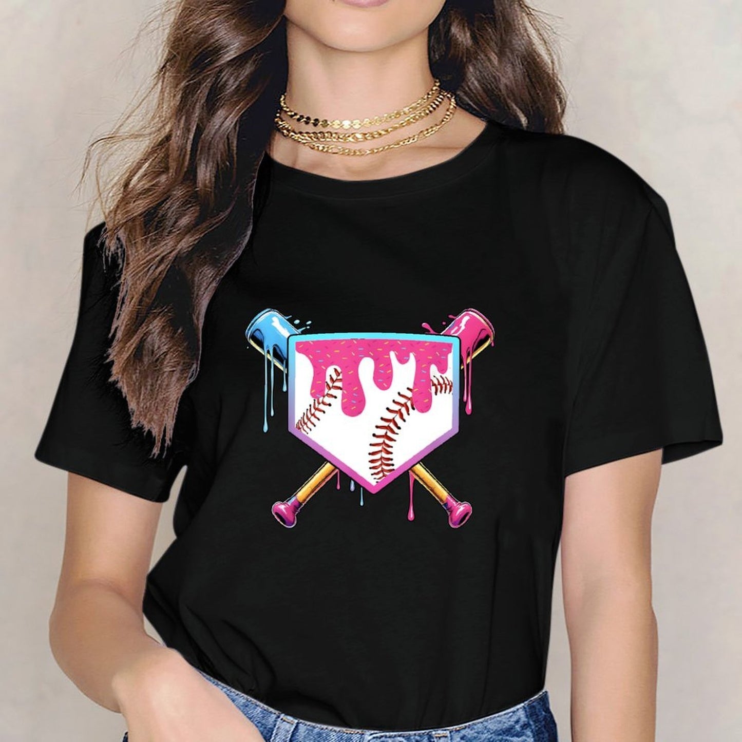 Inkmay Casual Cotton T-shirt Baseball Design With Colorful Paint Drips Unisex T-shirtSeries Printing T-Shirt