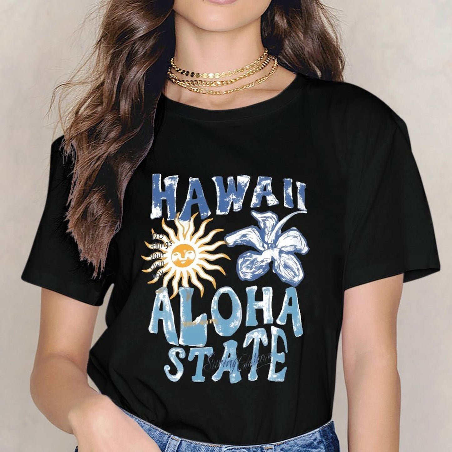 Inkmay Casual Cotton T-shirt Hawaii Aloha State Sunflower And Sunshine Unisex T-shirtActiveStyle Daily T-Shirt