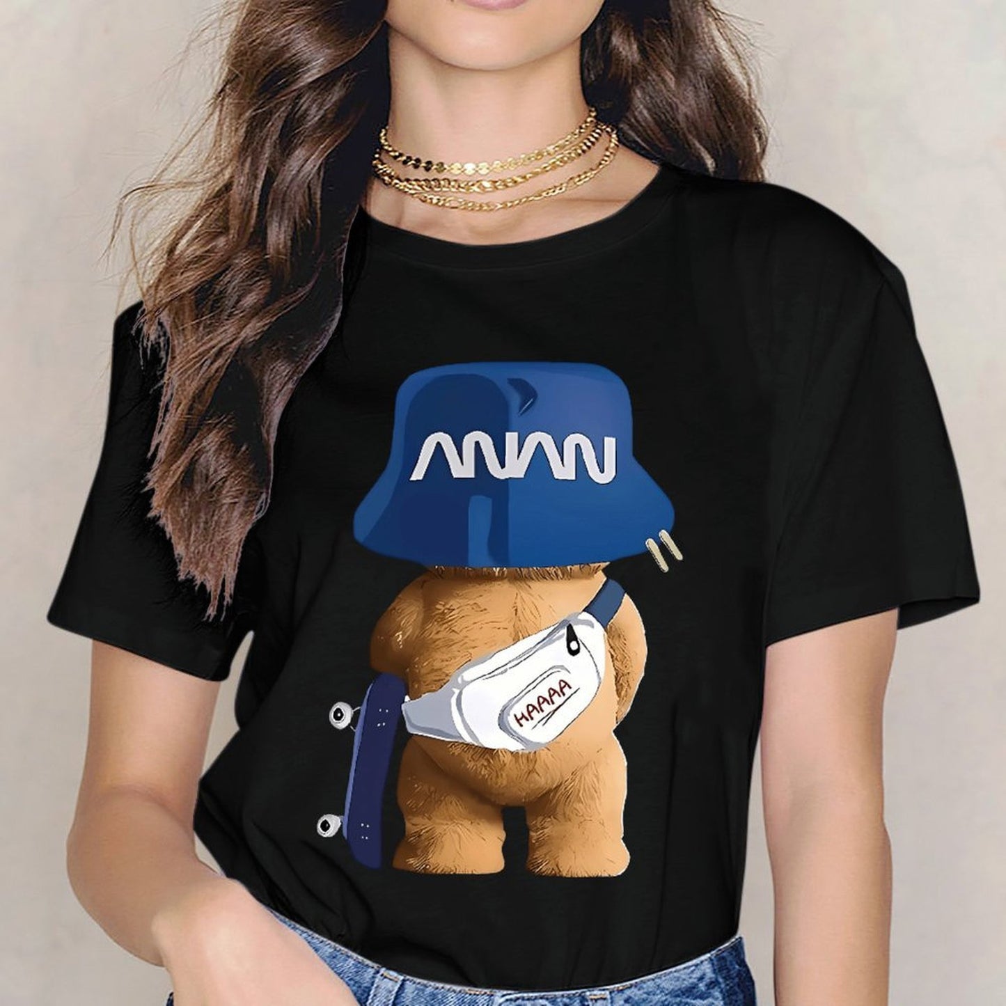 Inkmay Casual Cotton T-shirt Funny Bear Wearing Blue Hat Unisex T-shirtBasicSeries TimelessStyle T-Shirt