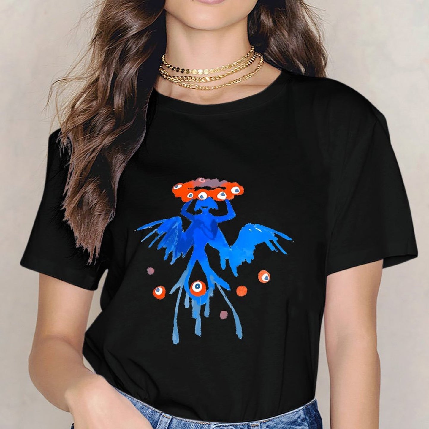 Inkmay Casual Cotton T-shirt Blue Creature With Orange Eyes Pattern Unisex T-shirtEverydayFit Natural T-Shirt