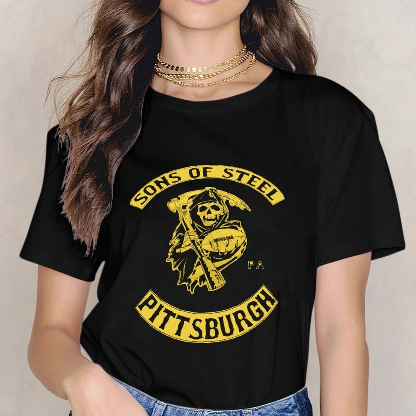 Inkmay Casual Cotton T-shirt Pittsburgh Sons Of Steel Football Design Unisex T-shirtClean Edges SoftFeel T-Shirt
