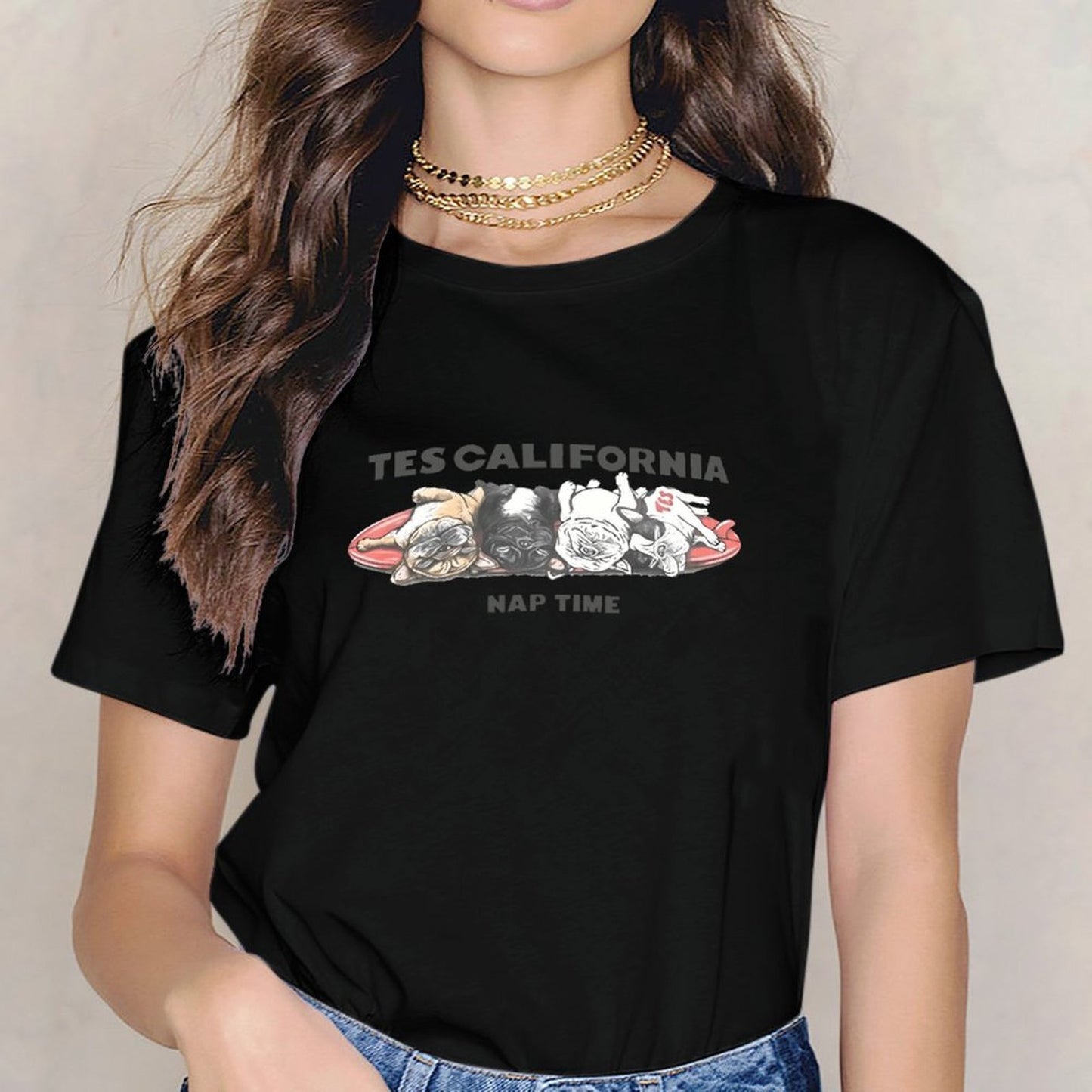 Inkmay Casual Cotton T-shirt Sleeping Dogs On Surfboard Design Art Unisex T-shirtStrong Sport T-Shirt