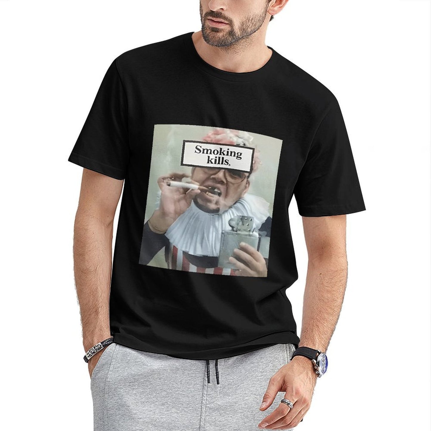 Inkmay Casual Cotton T-shirt Man Smoking Cigarette With Warning Label Unisex T-shirtNatural Tear-Resistant T-Shirt