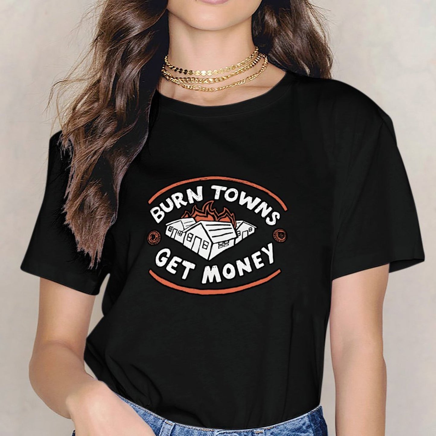 Inkmay Casual Cotton T-shirt Burn Towns Get Money Pattern Print Unisex T-shirtStreetStyle Original T-Shirt